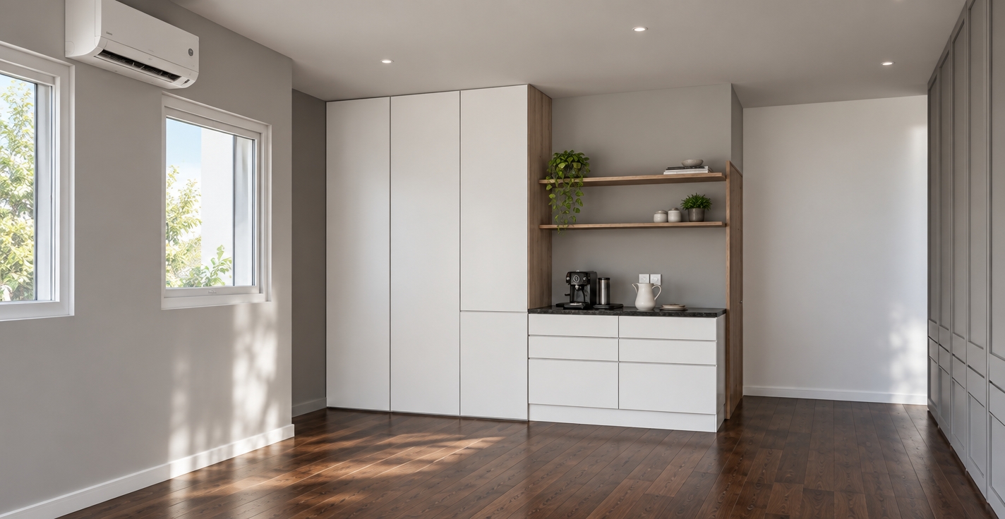 A realistic midday interior photograph capturing the exact composition, illuminated by clean, natural daylight streaming through the side openings. The surfaces feature authentic materials: smooth satin-white cabinet faces with precise panel seams, organic wood grain on the floating shelves and partition edge, a polished dark countertop with a realistic coffee station, and rich dark hardwood flooring with gentle light sheen. The lighting is bright and neutral, casting soft, natural ambient shadows across the matte grey walls and ceiling.