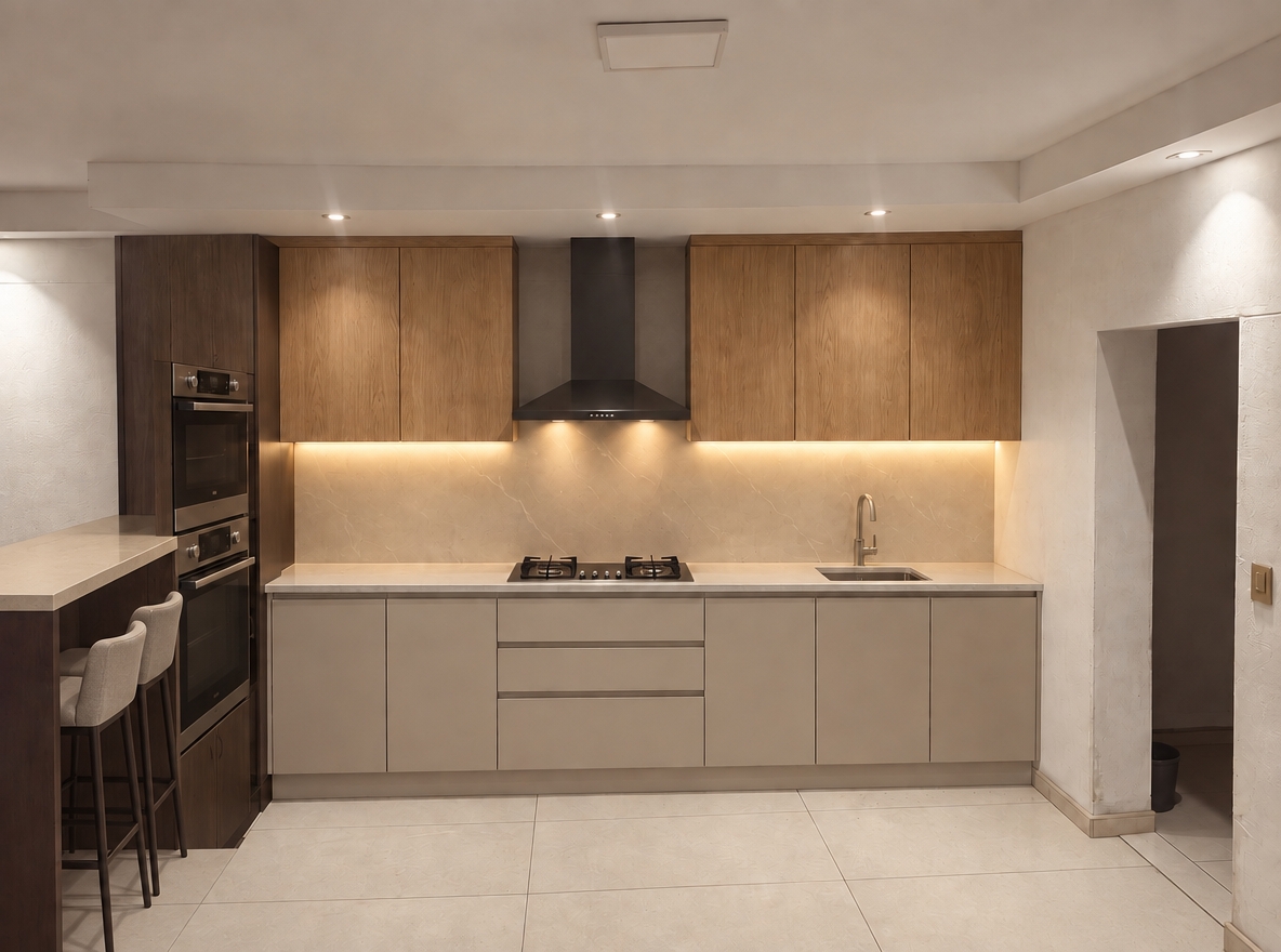 On the right of the right of the double oven cabinet add a breakfast bar