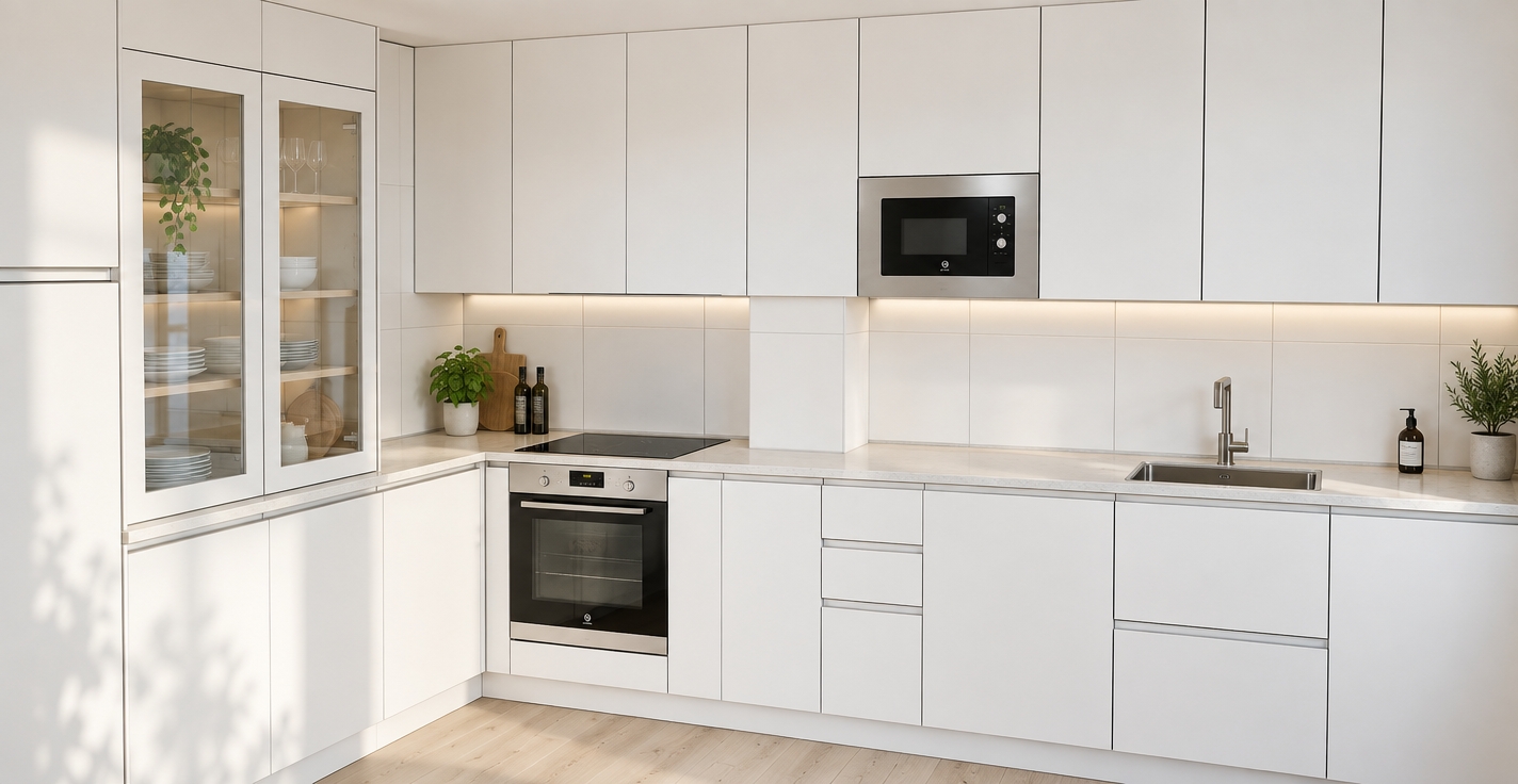 An architectural interior photograph of this exact kitchen layout, captured with a sharp wide-angle lens under soft, diffused morning daylight. Render the seamless white cabinetry with a smooth, tactile matte finish, complemented by crisp grout lines on the white tiled backsplash. The brushed stainless steel oven, integrated microwave, faucet, and sink feature realistic metallic sheen with subtle specular highlights, while the induction cooktop reflects gentle ambient light across its polished black glass. The display cabinet features realistic transparent glass with delicate reflections revealing internal shelving, resting over lightly textured pale wood flooring. Authentic light falloff creates soft contact shadows beneath cabinets and appliances, accented by subtle lens vignetting and fine photographic grain for a lifelike finish.