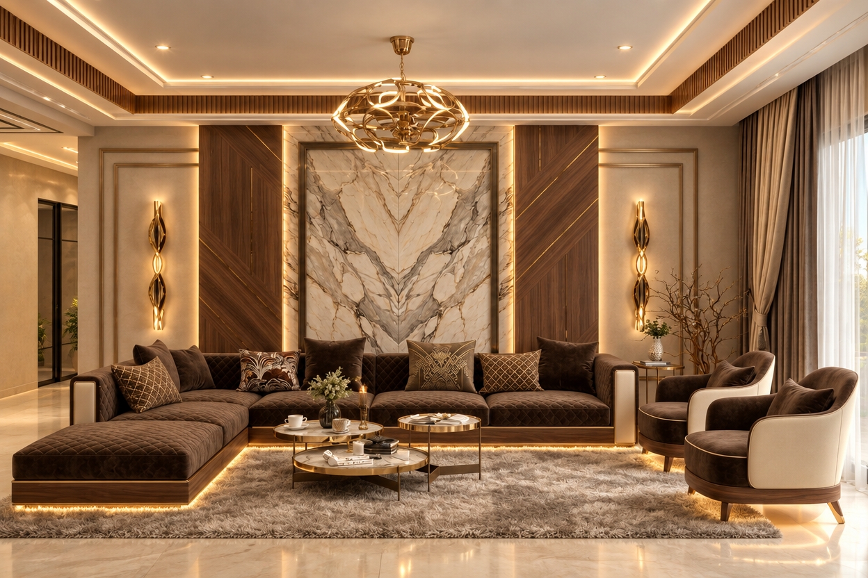 An incredibly lifelike, richly detailed, photorealistic wide-angle interior shot of a bespoke luxury living room set in a refined, modern French country estate. The scene is illuminated by soft, multi-layered cove lighting and the warm, golden glow of recessed LEDs, creating an inviting, ultra-premium atmosphere of serene elegance. Captured with a Phase One XF IQ4, 35mm lens, emphasizing the intricate textures of the velvet sofa, the polished book-matched marble feature wall, and the shimmering metallic accents of the custom chandelier.

The composition centers on a grand, L-shaped velvet sectional in deep espresso, grounded by a plush, high-pile silk rug that catches the ambient light. The architectural envelope blends classic boiserie detailing with contemporary walnut paneling, while delicate golden wall sconces frame the central marble slab like a fine art piece. The interplay of light beneath the floating furniture base creates a weightless, sophisticated depth, while the soft, floor-to-ceiling sheer drapery invites a gentle, filtered daylight that softens the room’s clean lines. Every surface—from the brushed brass coffee table edges to the subtle grain of the wood—exudes a bespoke, artisanal quality, balancing the rustic charm of French heritage with the high-gloss precision of modern interior design.