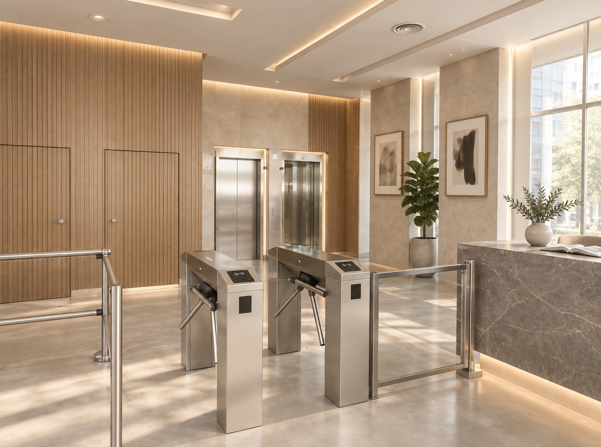 An incredibly lifelike, richly detailed, photorealistic wide-angle interior shot of a reimagined boutique hotel lobby set in a serene urban haven. The scene is illuminated by soft, diffused morning sunlight pouring through floor-to-ceiling glass paired with warm, recessed linear ceiling coves, creating a tranquil, zen-inspired atmosphere. Captured with a 24mm tilt-shift lens, emphasizing smooth micro-cement floors, soft plaster surfaces, and warm brushed metal detailing.

Replacing the cluttered commercial barriers, the space transforms into an uncluttered, minimalist sanctuary rendered in soothing shades of chalk white, warm greige, and subtle sage pastels. The elevator vestibule is seamlessly integrated behind fluted light oak and matte limestone panels, while the reception area evolves into a sleek, floating counter of honed gray marble. Clutter-free surfaces showcase only an open art photography book and a single ceramic vessel with sculptural greenery, complemented by a tall, potted fiddle-leaf fig nestled between streamlined architectural pillars. Finished with oversized monochromatic abstract wall art and low-profile modern wood-and-metal furniture, the design achieves an effortless balance of functional elegance and restorative calm.