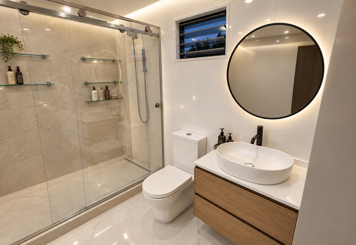 An incredibly lifelike, richly detailed, photorealistic wide-angle interior shot of a sophisticated contemporary bathroom set in a quiet, modern residence during a tranquil spring night. The scene is illuminated by soft, recessed perimeter lighting that casts a gentle glow on the clean, white PVC wall panels, creating a serene and spa-like atmosphere. Captured with a 24mm wide-angle lens, the composition emphasizes the seamless integration of textures: the sleek, matte white porcelain of the wall-mounted toilet contrasts beautifully with the warm, rich grain of the natural wood vanity below a pristine white countertop. A striking circular mirror with a thin black frame hangs above the vessel sink, perfectly positioned beside an elegant, slim-profile louvered window. To the left, a spacious walk-in shower features a floor-to-ceiling translucent glass partition framed in brushed aluminum, protecting an interior lined with refined cream-colored tiling and accented by minimalist glass shelving. The perspective draws the eye across the polished white porcelain tile floor, reflecting the subtle ambient light and lending a sense of airy depth to the compact, luxuriously appointed space, evoking a sense of refined, contemporary elegance.