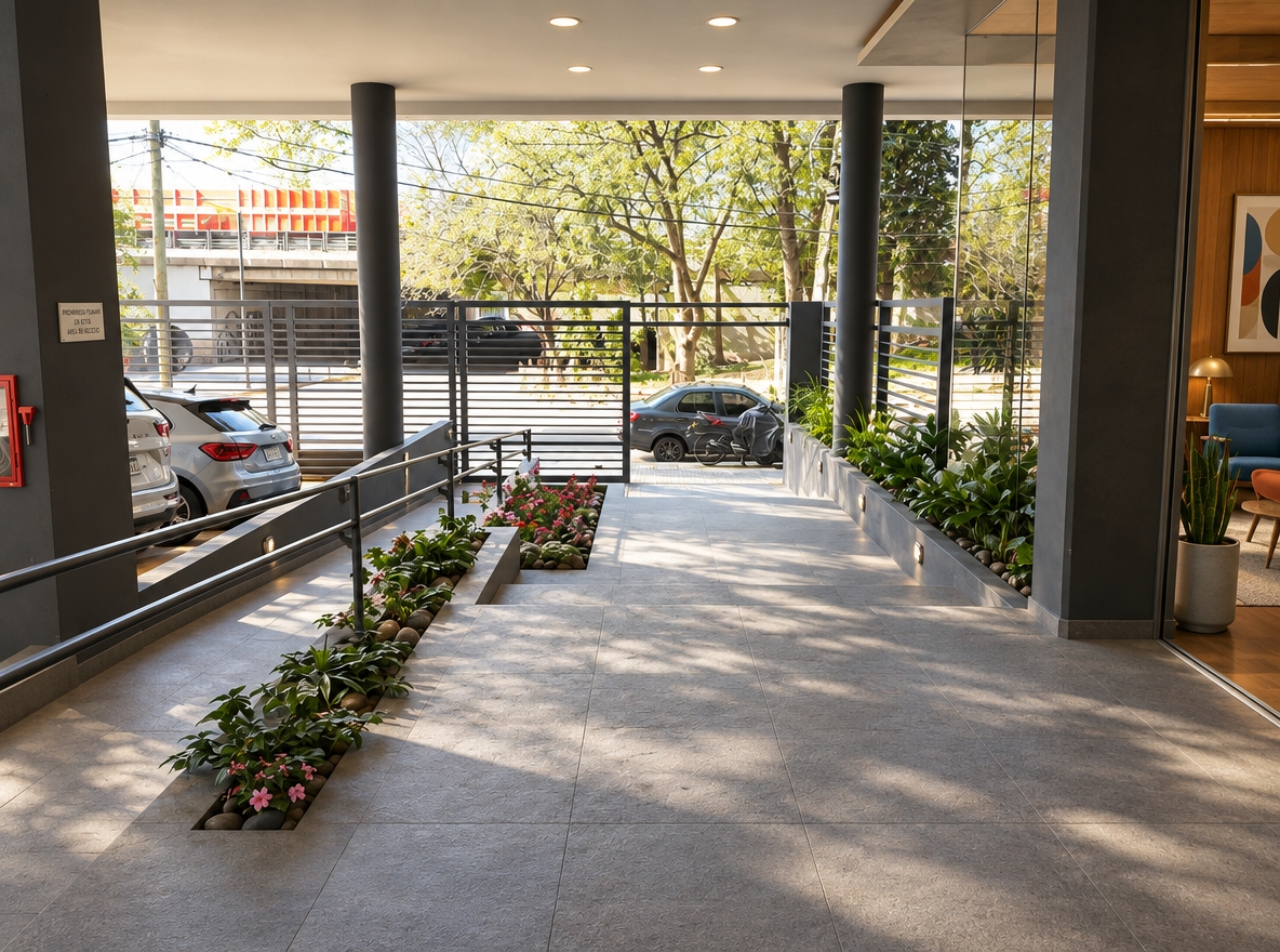 An incredibly lifelike, richly detailed, photorealistic eye-level shot of a coastal hotel entrance set in a sun-drenched, breezy seaside environment. The scene is illuminated by soft, natural midday light filtering through a high-end portico, creating an airy, fresh, and inviting atmosphere. Captured with a 35mm lens, emphasizing the crisp textures of sandy-neutral floor tiles, matte charcoal structural columns, and the vibrant, lush greenery of integrated planters. 

The architecture transitions from the shaded, minimalist concrete structure to an open, sun-kissed aesthetic infused with a nautical spirit. The space is reimagined with a relaxed, beachy vibe: sleek, uncluttered surfaces are accented by light, weathered wooden furniture and woven wicker textures. Coastal decor elements, such as abstract seascape wall art in serene shades of ocean blue and white, define the interior walls. The transition to the outdoors features a bright, open gate framed by carefully placed potted palms, echoing the coastal breeze. The composition balances the solid, modern geometry of the building with the organic, fluid nature of the surrounding landscape, perfectly capturing the feeling of a sophisticated yet casual tropical getaway.