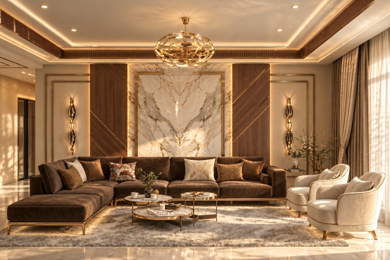 An incredibly lifelike, richly detailed, photorealistic interior shot of a sophisticated living room set in an elegant, sun-drenched estate with hints of refined French country charm. The scene is illuminated by a soft, ethereal glow from recessed cove lighting and the shimmering golden radiance of a statement chandelier, creating a warm, opulent, and ultra-premium atmosphere. Captured with a professional 35mm lens, emphasizing the velvety texture of the chocolate-brown sectional, the high-gloss polished marble veins of the central feature wall, and the intricate gold inlay within the warm walnut paneling. 

The composition centers on the harmonious balance between the plush, deep-toned seating and the light, airy presence of the cream-colored accent chairs, which ground the space in understated luxury. Soft, filtered sunlight cascades through floor-to-ceiling sheer drapery, casting delicate, dancing highlights across the plush, neutral area rug and polished flooring. Every element, from the metallic shimmer of the wall sconces to the subtle under-sofa LED accents, is rendered with meticulous precision, evoking an atmosphere of timeless grace and high-end artisanal comfort.