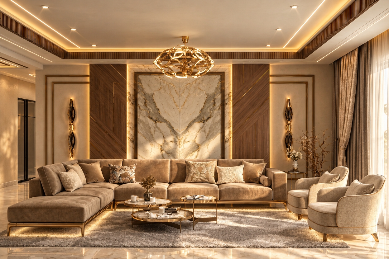An incredibly lifelike, richly detailed, photorealistic wide-angle interior shot of a bespoke luxury living room set in a sophisticated, modern estate with subtle French country charm. The scene is illuminated by warm, ethereal cove lighting and soft, cascading afternoon sunlight, creating an opulent and tranquil atmosphere. Captured with a 35mm tilt-shift lens, emphasizing the rich, velvety textures of the custom upholstery, the intricate veining of the book-matched marble focal wall, and the polished gold accents throughout. The composition centers on a sprawling, plush velvet sectional paired with elegant, curved accent chairs resting upon a textured silk-blend rug. Fine architectural details, such as the walnut-paneled wall moldings and hidden LED strips that cast a gentle, glowing aura beneath the furniture, lend the space a cinematic depth, while the soft reflection of the artistic chandelier on the polished floor surfaces enhances the ultra-premium, high-end design aesthetic.