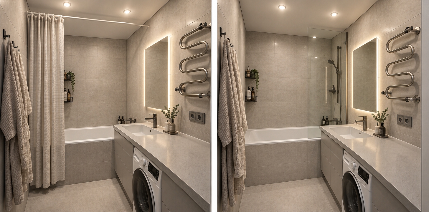 An incredibly lifelike, richly detailed, photorealistic wide-angle interior photograph of a reimagined, compact 2.5-square-meter minimalist bathroom set in a contemporary urban flat. The scene is illuminated by soft, recessed warm-white ceiling downlights and an ambient, dimmable halo glowing behind a sleek frameless LED mirror, creating a serene, luminous, and spa-like atmosphere. Captured with a professional 16-35mm architectural lens, emphasizing tactile matte stone textures, seamless joins, and brushed-metal accents, the redesigned space maximizes every inch of its tight proportions without altering the structural footprint. The walls and floor are unified in refined, large-format light grey matte porcelain tiles with subtle micro-cement texturing to foster an uncluttered, expansive feel. The original bathtub remains securely positioned against the back wall, complemented in the corner by minimalist, corner-mounted matte black wire storage caddies for toiletries and shielded either by an elegant, heavy-drape water-repellent waffle-weave curtain on a slim ceiling track or an alternative ultra-clear frameless tempered glass splash screen. Extending along the adjacent wall, a tailor-made moisture-resistant light grey composite countertop spans edge-to-edge, incorporating a generous, integrated rectangular basin positioned seamlessly above a flush-fitted slimline front-loading washing machine. Directly to the right of the glowing mirror, a modern, wall-mounted serpentine heated towel warmer is paired with sleek IP44 water-resistant safety outlets, while dedicated streamlined robe hooks line the opposite entrance wall, completing a harmonious, highly functional, and purchasable haven of modern Scandinavian utility.