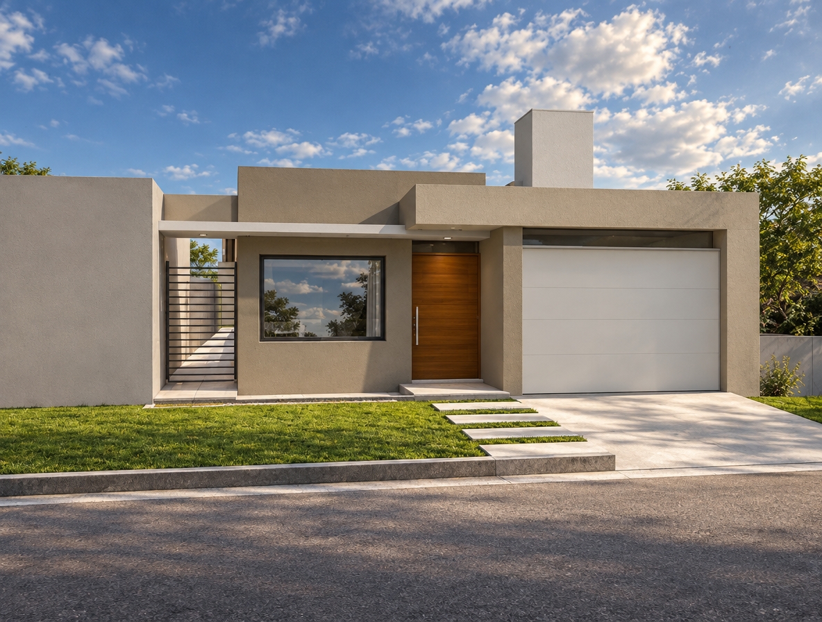 An incredibly lifelike, richly detailed, photorealistic eye-level exterior shot of a contemporary residence set in a tranquil, manicured suburban environment. The scene is illuminated by the soft, diffused light of a late afternoon sun, creating a refined and balanced atmosphere. Captured with a 35mm lens, the composition emphasizes the clean-lined geometry of the façade, featuring a sophisticated palette of warm champagne and soft gray rendered in high-quality smooth stucco.

The architectural design exudes understated elegance, highlighted by a bold, monolithic chimney and a rich, polished wood entrance door that acts as the home's focal point. A large, steel-framed window reflects the deep, cloud-dappled blue of the sky, adding a sense of depth and transparency to the structure. To the left, a slim, dark metal security gate leads to a private corridor, while the foreground features a crisp, minimalist walkway of floating stone pavers set against a vibrant green lawn. The overall presentation is one of polished, airy sophistication, where the deliberate play of horizontal lines and subtle material shifts evokes the refined aesthetic of a luxury design photography book.