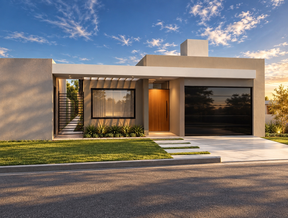 An incredibly lifelike, richly detailed, photorealistic eye-level exterior shot of a modern fusion residence set in a tranquil, manicured suburban environment. The scene is illuminated by the crisp, golden-hour light of late afternoon, creating a serene and warm atmosphere. Captured with a 35mm lens, the focus emphasizes the interplay between smooth, matte-taupe stucco surfaces and the bold, high-gloss finish of the black garage door. A sleek, white horizontal fascia spans the façade, casting precise, linear shadows across the entryway, while a warm wooden front door serves as a vibrant, natural accent against the industrial-inspired geometric lines. To the left, an open-concept metal gate offers a glimpse into a shaded, lush pathway framed by manicured greenery. The composition is grounded by clean, white concrete pavers set into a vibrant, emerald-green lawn, leading toward the home’s entrance. The depth of field is carefully controlled, allowing the sharp architectural edges to stand out against a soft-focus, deep blue sky adorned with wispy, ethereal clouds, evoking the polished aesthetic of a high-end architecture photography book.