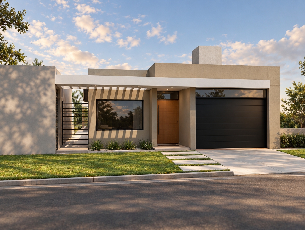 An incredibly lifelike, richly detailed, photorealistic eye-level exterior shot of a modern minimalist residence set in a tranquil, manicured suburban environment. The scene is illuminated by the soft, directional glow of late afternoon sun, creating a serene, uncluttered atmosphere with long, elegant shadows. Captured with a 35mm tilt-shift lens, the composition emphasizes the streamlined geometry and monochromatic facade, finished in warm shades of beige and crisp, architectural gray. 

The design is a masterclass in functionality, featuring a prominent, sleek white pergola that casts rhythmic shadows over the recessed, earth-toned front entry door. To the right, a deep black garage door provides a bold, high-contrast focal point that grounds the structure, while a large, dark-tinted picture window reflects the soft, scattered clouds above. The surrounding landscaping is meticulously curated; a vibrant green lawn is punctuated by a series of precise, geometric concrete pavers leading to the entrance, evoking a sense of Zen-inspired order. The crisp lines of the metal fencing to the left and the smooth, seamless wall surfaces reflect a commitment to architectural simplicity, resulting in a residence that feels both sophisticated and inherently inviting.