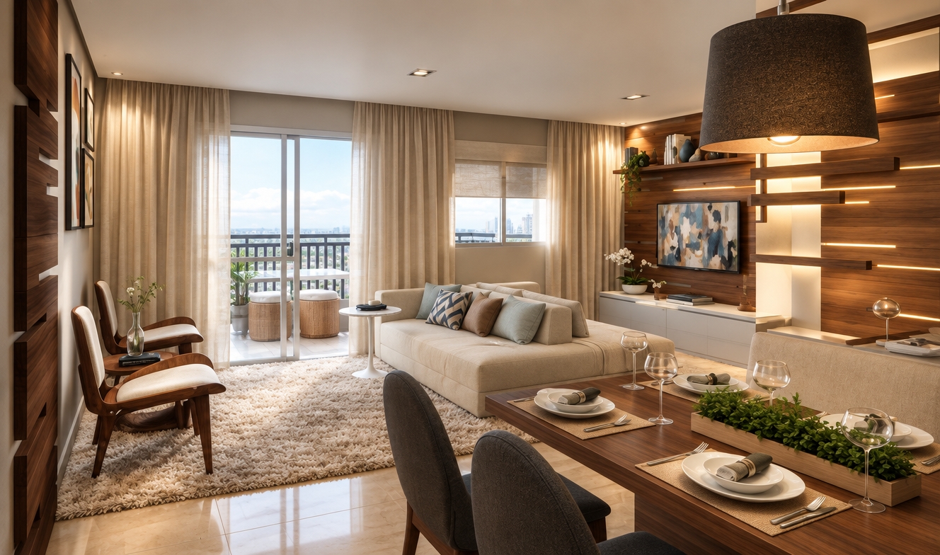 An incredibly lifelike, richly detailed, photorealistic wide-angle interior shot of a sophisticated open-plan living and dining area set in a contemporary high-rise apartment. The scene is illuminated by a blend of soft, natural daylight filtering through floor-to-ceiling sheer curtains and the warm, ambient glow of a statement drum pendant lamp, creating a timeless, comfortable atmosphere. Captured with a 35mm wide-angle lens, the composition emphasizes the clean lines of teak and walnut cabinetry and the organic texture of a plush, high-pile area rug.

The room celebrates a mid-century modern aesthetic, balancing sleek functionality with uncluttered, organic warmth. A low-profile, cream-colored sofa sits at the heart of the living space, accented by muted blue and earth-toned throw pillows. The media wall features dramatic horizontal wooden slats illuminated by integrated recessed lighting, highlighting a minimalist gallery of abstract wall art. Nearby, a curated dining nook hosts a rich walnut table decorated with a vibrant, low-profile planter of lush greenery, perfectly reflecting the room’s connection to nature. The seamless transition to the balcony reveals a light-filled outdoor lounge, while every surface remains meticulously curated and clutter-free, echoing the precise, elegant style found in a high-end photography book on modern design.