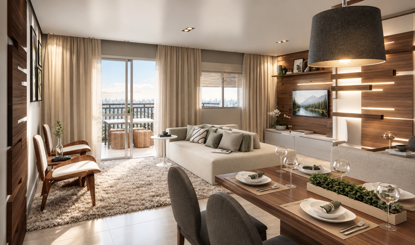 An incredibly lifelike, richly detailed, photorealistic wide-angle interior shot of a contemporary open-concept living area set in a high-rise Scandinavian sanctuary. The scene is illuminated by soft, natural daylight filtering through floor-to-ceiling glass doors, creating a serene, tranquil, and airy atmosphere. Captured with a 24mm tilt-shift lens, the composition emphasizes the clean lines of the minimalist furnishings and the organic warmth of the wood-paneled feature wall.

The space is defined by a sophisticated palette of crisp whites, muted grays, and soft, organic greens, creating a quintessential "hygge" aesthetic. A plush, high-pile area rug anchors the living zone, where a low-profile sofa faces a media wall accented by horizontal timber slats and subtle integrated lighting. To the left, mid-century inspired lounge chairs with curved wood frames offer a sculptural touch, while the dining area features a sleek table topped with a minimalist planter of vibrant greenery. The room is punctuated by curated details, including a photography book resting on a side table and nature-inspired wall art that bridges the gap between the refined interior and the bustling cityscape visible on the balcony beyond. Every surface, from the matte finish of the furniture to the delicate reflections in the crystal glassware, is rendered with meticulous precision, highlighting a perfect harmony between modern design and natural comfort.