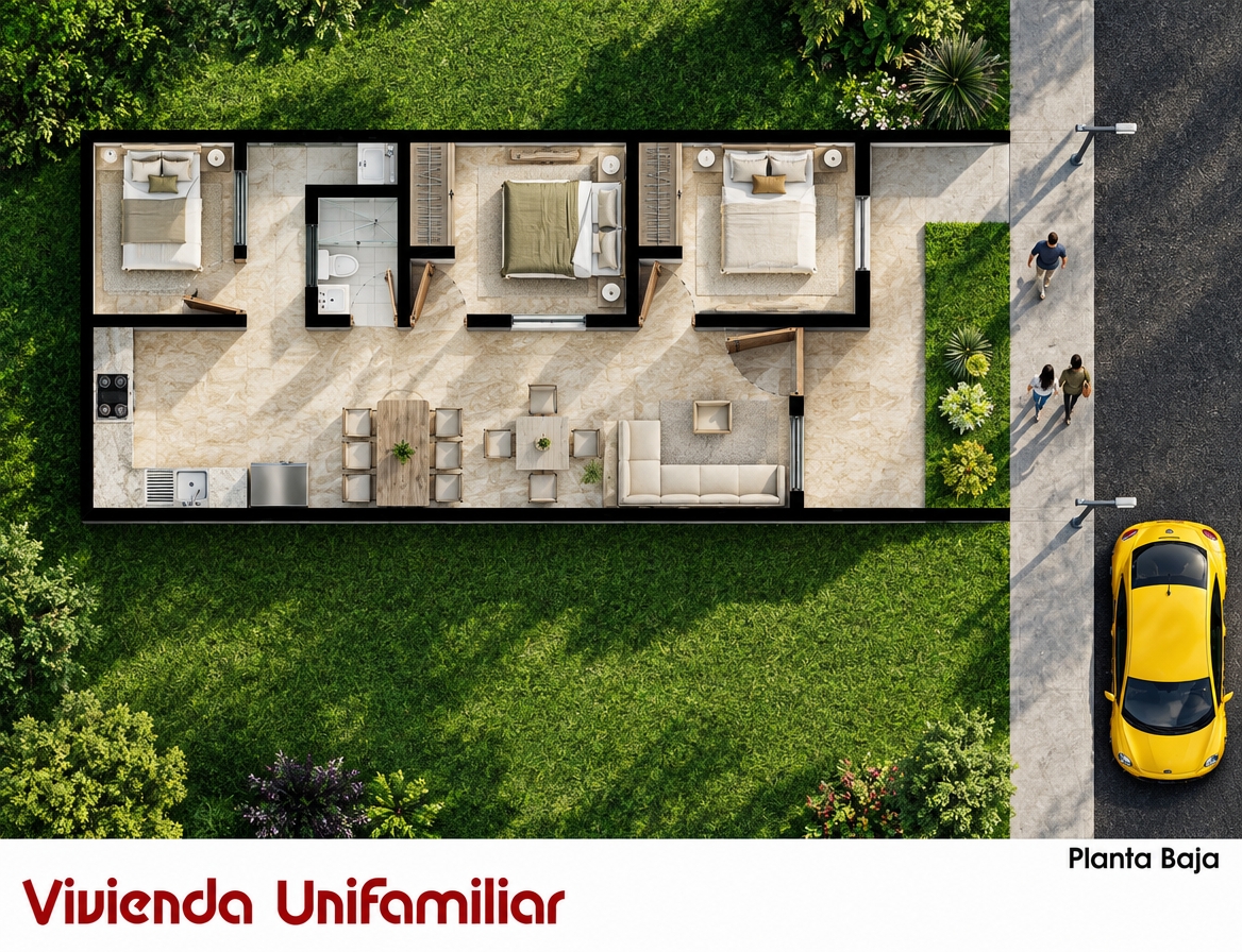 An incredibly lifelike, richly detailed, photorealistic top-down orthographic cutaway photograph of a contemporary single-family home set in a lush, manicured suburban landscape. The scene is illuminated by the warm, direct sunlight of a bright, clear afternoon, casting crisp, well-defined diagonal shadows across the cutaway perimeter walls and garden beds, creating an elegant, sophisticated atmosphere. Captured with an ultra-high-resolution medium-format architectural camera fitted with a sharp prime lens, emphasizing the luxurious veining of polished travertine marble flowing across the open-plan living, dining, and bedroom spaces, contrasted with the refined bone-white porcelain tile in the pristine bathroom. Solid, matte-black section walls crisply outline the layout, framing tastefully arranged modern furniture including an inviting sectional sofa, a minimalist dining suite, sleek cabinetry, and plush dressed beds. Outside, a dense, hyper-realistic emerald lawn envelops the residence, meeting a clean, textured gray concrete walkway on the right where three pedestrians casually stroll in the afternoon sun past two sleek, minimalist modern LED lampposts. Adjacent to the walkway, a glossy canary-yellow compact car rests parked on the dark, fine-textured asphalt road, catching radiant sun glints along its polished curves.
