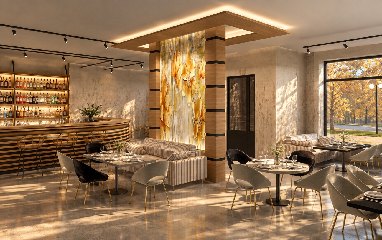 An incredibly lifelike, richly detailed, photorealistic interior shot of a sophisticated minimalist restaurant set in a vibrant autumn afternoon. The scene is illuminated by crisp, golden midday sunlight filtering through the large windows, casting soft, elongated reflections and dancing highlights across the polished concrete floor, creating a serene, inviting atmosphere. Captured with a 35mm lens, emphasizing the rich textures of the warm oak-clad columns and the delicate, hand-painted floral art piece that anchors the room. 

The curved bar area is masterfully curated, with backlit shelving showcasing an array of premium crystal decanters and colorful spirit bottles that catch the sunlight. The minimalist tables are elegantly set with fine porcelain dishware, polished cutlery, and slender glass stemware, ready for an afternoon service. Above, sleek black track lighting creates clean, architectural lines against the ceiling, drawing the eye toward the plush seating arrangements. The composition balances modern design with natural warmth, offering a tranquil haven where the golden hues of the interior mirror the gentle transition of the autumn season visible just beyond the glass.