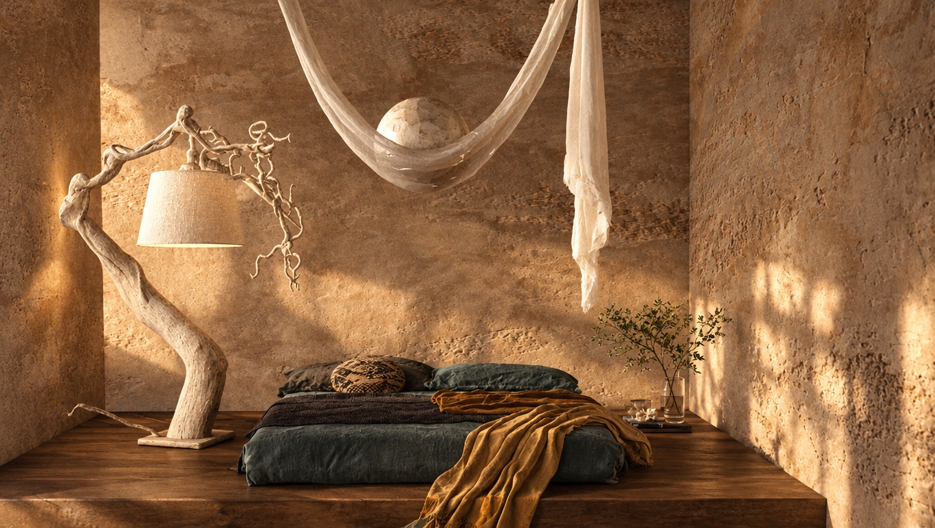 An incredibly lifelike, richly detailed, photorealistic interior shot of a bohemian sanctuary bedroom set in a secluded, sun-drenched coastal villa. The scene is illuminated by soft, golden-hour light filtering through unseen apertures, creating a serene, meditative atmosphere that highlights the tactile warmth of the room. Captured with a 35mm lens, the focus emphasizes the intricate, rough-hewn plaster walls in shades of warm rust and earthy neutrals, which contrast beautifully against the dark, rich grain of the hardwood flooring. A statement floor lamp, crafted like a piece of white, organic driftwood, anchors the left side of the room, while a whimsical, sculptural sphere cradled in flowing, diaphanous fabric hangs gracefully above the bed. The sleeping area is a masterclass in comfort, featuring layers of charcoal and deep teal textiles, a mustard-toned throw, and a plush, patterned pillow, all resting upon a minimalist platform. To the side, a clear glass vase holding delicate, budding greenery adds a touch of organic life, complementing the surrounding vintage-collected decor and macramé accents. The composition is balanced and airy, with deep shadows and soft, ambient highlights that bring the varied textures—from the cool, smooth fabric of the bed linens to the porous, aged plaster of the walls—into sharp, evocative focus, perfectly capturing the spirit of a globally-inspired, free-spirited home.