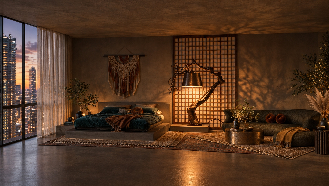 An incredibly lifelike, richly detailed, photorealistic wide-angle interior shot of a serene, high-end bohemian oasis bedroom set in a luxury high-rise overlooking a bustling metropolitan skyline at twilight. The scene is illuminated by the soft, golden glow of a bespoke, gnarled bronze floor lamp that casts dramatic shadows against a floor-to-ceiling wooden shoji-inspired screen, creating an intimate, meditative atmosphere. Captured with a 35mm lens, the composition emphasizes a luxurious layering of textures, from the sumptuous, deep teal velvet bedding to the rich, earthy rust and mustard tones integrated into hand-woven macrame accents and vintage-collected decor. The space is grounded by plush, overlapping jute and distressed wool rugs, while vibrant indoor greenery and delicate pampas grass arrangements breathe life into the dark, neutral palette. To the left, floor-to-ceiling windows draped in ethereal, floor-length sheer curtains offer a breathtaking contrast between the chaotic, towering urban architecture outside and the grounded, soulful tranquility of the interior, where every piece of handcrafted furniture and textured textile feels like a curated artifact in a sophisticated photography book.