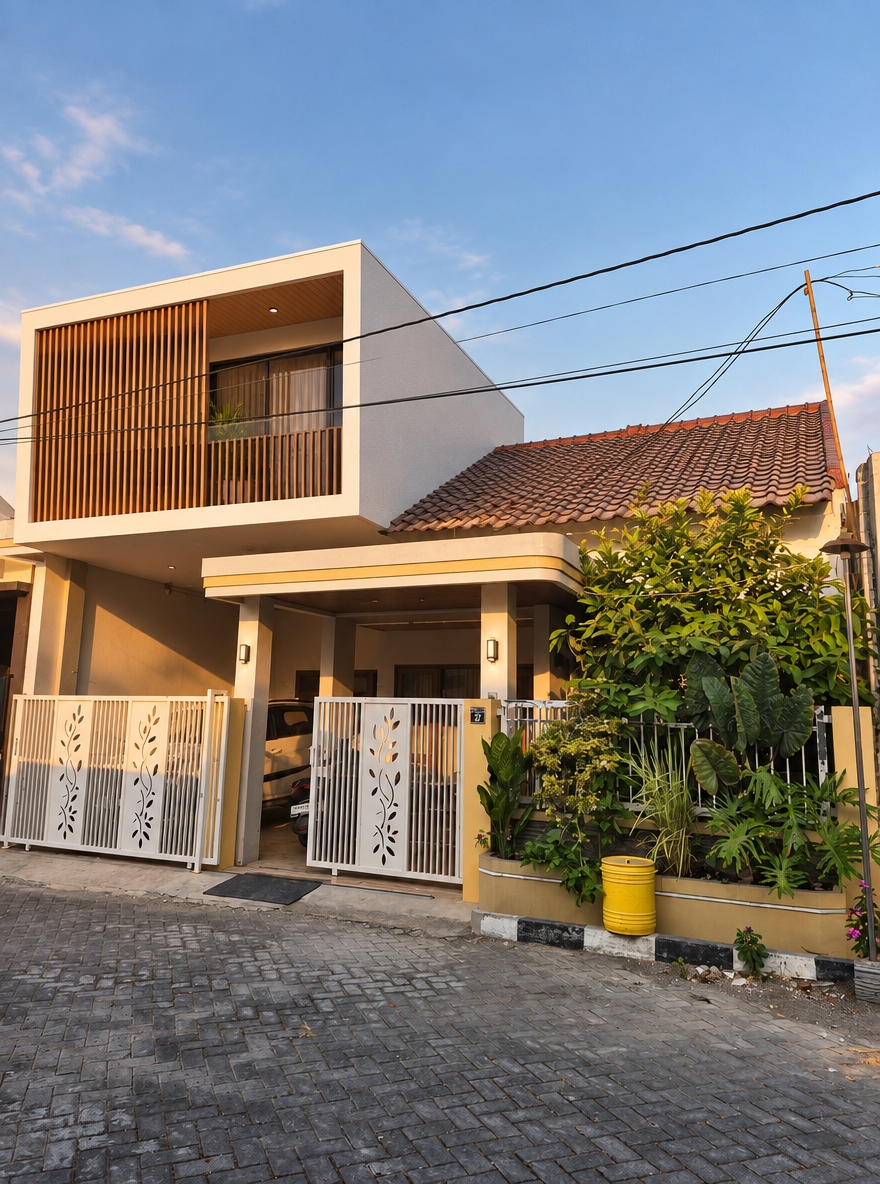 An incredibly lifelike, richly detailed, photorealistic wide-angle shot of a modified residential facade set in a quiet tropical suburban street. The scene is illuminated by the soft, golden-hour sunlight of late afternoon, creating a serene and warm atmosphere. Captured with a 24mm lens, emphasizing the clean lines of the new second-story addition on the left wing.

To revitalize the facade, the left side has been transformed into a modern, minimalist second-story volume that floats above the existing concrete canopy. This new structure features a sleek, white-stuccoed cubic form with a recessed, wood-slatted balcony screen that provides privacy while filtering the light. The sharp, geometric edges of the addition contrast beautifully with the organic, lush foliage of the existing garden on the right. Below, the structural pillars remain, now integrated into the fresh design through a cohesive warm-toned paint scheme that unifies the lower and upper levels. The composition balances the heavy, traditional tiled roof on the right with the airy, linear lightness of the new vertical extension, resulting in a balanced, contemporary minimalist haven that respects the original site footprint.