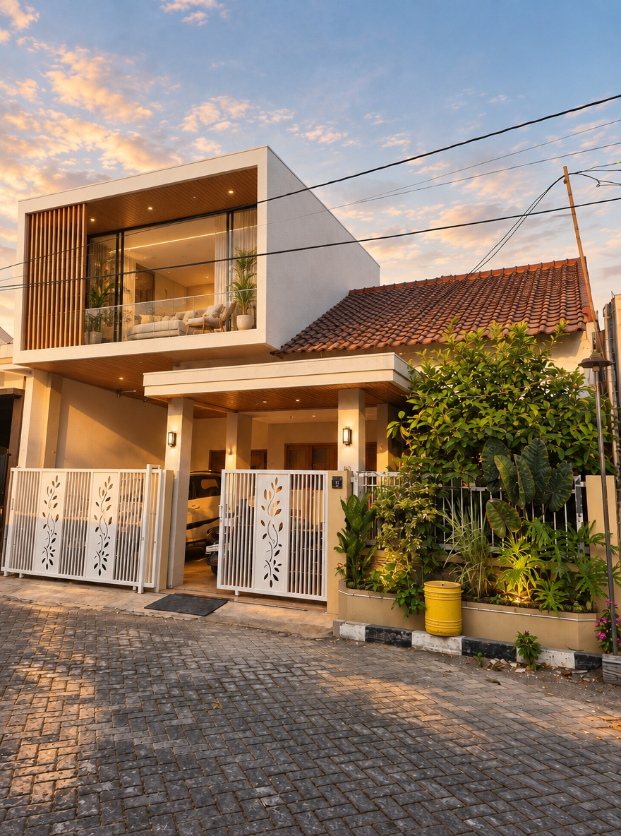 An incredibly lifelike, richly detailed, photorealistic medium-angle architectural shot of a reimagined minimalist haven, set in a peaceful suburban neighborhood. The scene is illuminated by the soft, honeyed glow of golden hour, casting long, gentle shadows that highlight the textural contrast between the smooth white stucco and the organic warmth of vertical timber battens, creating an inviting and serene atmosphere. Captured with a 35mm lens, the composition emphasizes the clean, geometric evolution of the second floor, which now features an expanded, cantilevered glass-walled master suite seamlessly integrated with an open-air timber deck.

This design transformation elevates the original structure by replacing the solid upper box with a sophisticated blend of floor-to-ceiling glass and rhythmic, spaced wood slats that offer both privacy and a play of light. The second-floor interior is reimagined as an airy, loft-like sanctuary, characterized by open-plan living, warm oak flooring, and minimalist furnishings that prioritize functionality. Outside, the transition between the traditional tiled roof of the lower level and the sleek, modern aesthetic above is softened by a tiered vertical garden, where lush tropical foliage spills over the low perimeter wall. The paved, herringbone-patterned street leads the eye toward the white laser-cut floral gates, reinforcing the home’s identity as a harmonious blend of traditional regional character and forward-thinking modern minimalism.