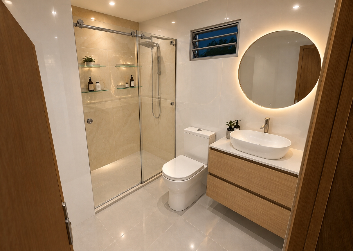 An incredibly lifelike, richly detailed, photorealistic wide-angle interior shot of a contemporary bathroom set in a sophisticated residential space during a quiet spring night. The scene is illuminated by soft, recessed LED lighting and the warm, ambient glow emanating from behind the circular vanity mirror, creating a serene and refined atmosphere. Captured with a 24mm wide-angle lens, the image emphasizes the high-contrast interplay between the rich, horizontal grain of the natural oak vanity cabinet and the cool, pristine white of the porcelain vessel sink and minimalist toilet. The walls are clad in high-gloss, seamless white PVC paneling that reflects the soft light, while the shower enclosure stands out as a focal point, featuring floor-to-ceiling cream-toned ceramic tiles with subtle veining and elegant glass shelving held by sleek chrome brackets. The frameless glass shower door, accented by thin, brushed-aluminum hardware, adds a layer of modern transparency, while the light grey porcelain floor tiles ground the space with a clean, matte texture. Above the vanity, the round mirror anchors the wall, positioned perfectly beneath a small, rectangular louvered window that suggests a tranquil evening breeze outside, creating a sense of depth and architectural clarity that defines this space as a sanctuary of contemporary elegance.
