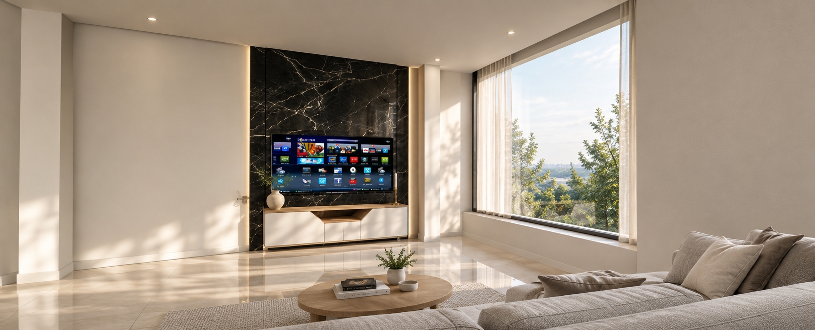 An incredibly lifelike, richly detailed, photorealistic wide-angle shot of a sophisticated living room set in a modern Scandinavian sanctuary. The scene is illuminated by soft, natural morning light spilling from a floor-to-ceiling window on the right, creating a serene, airy atmosphere. Captured with a 35mm lens, emphasizing the high-contrast textures of the space.

The room centers around a stunning feature wall clad in polished Nero Marquina marble, its deep black surface crisscrossed with striking white veins that catch the subtle morning glow. An ultra-thin television is seamlessly recessed into the stone, displaying a vibrant interface. Beneath it, a sleek, custom-built console with a minimalist white lacquer finish and light oak accents grounds the composition. To the left, a plush, dove-gray modular sofa invites comfort, adorned with textured linen throw pillows. The floor is composed of large-format, high-gloss porcelain tiles that mirror the warm ambient light and the clean architectural lines of the space. On the console, curated accessories—a hand-thrown ceramic vase and a single slender brass candle holder—add a layer of refined intimacy to this tranquil, Scandinavian-inspired haven.