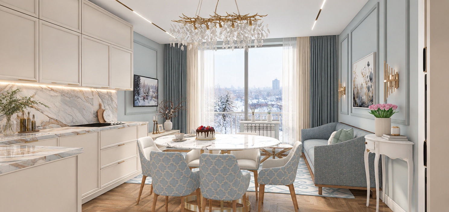 An incredibly lifelike, richly detailed, photorealistic interior shot of a sophisticated open-plan living and dining area set in a contemporary apartment overlooking a serene, snow-dusted winter cityscape. The scene is illuminated by soft, diffused midday light streaming through floor-to-ceiling windows, creating a bright, airy, and tranquil atmosphere. Captured with a 35mm wide-angle lens, the image emphasizes the luxurious textures of the Calacatta marble backsplash and the warm, herringbone-patterned oak flooring. In the center, a sculptural, branch-inspired gold chandelier casts delicate, leafy shadows across the room, hanging above a pristine white marble dining table adorned with a vibrant berry-topped cake. To the right, a refined sofa upholstered in a textured, muted-blue fabric sits against wall-molding panels, complemented by an elegant white console table holding a vase of fresh pink tulips. Subtle, realistic reflections of the room’s golden accents dance in the polished surfaces, while outside, the winter view reveals a soft, hazy panorama of frosted trees and distant urban architecture. The composition is perfectly balanced, showcasing a harmonious blend of minimalist chic and classic elegance, with every decorative detail—from the minimalist wall art to the intricate patterns on the dining chairs—appearing as crisp, tangible, and beautifully curated.