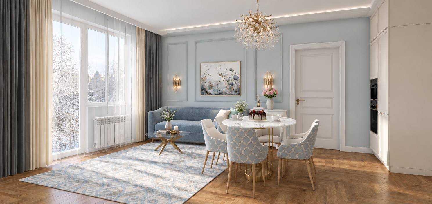 An incredibly lifelike, richly detailed, photorealistic wide-angle interior shot of a sophisticated living room set in a calm, urban residential environment. The scene is illuminated by soft, diffused daylight pouring in from a large window, revealing views of a peaceful, snow-dusted winter cityscape with leafless trees and distant buildings, creating a serene and minimalist haven. Captured with a 35mm lens, the image emphasizes the rich, organic texture of the warm herringbone oak flooring that contrasts beautifully with the cool, pale blue walls adorned with elegant, raised wainscoting. A plush sofa in a soft dusty-blue velvet sits atop an intricate, pattern-rich area rug, while a central dining area features a polished white marble pedestal table surrounded by chairs upholstered in a delicate trellis-patterned fabric. Above, a sculptural, gold-accented branch chandelier catches the natural light, casting subtle, warm highlights throughout the space. The room is thoughtfully styled with a fresh bouquet of peonies on a side console, a decadent berry-topped chocolate cake on the table, and minimalist abstract botanical wall art. A subtle reflection of the room’s elegant interior is captured in the glass top of the coffee table, adding depth and spatial complexity, while the high-end cream-colored cabinetry provides a seamless, integrated finish to the refined, neoclassical-inspired composition.