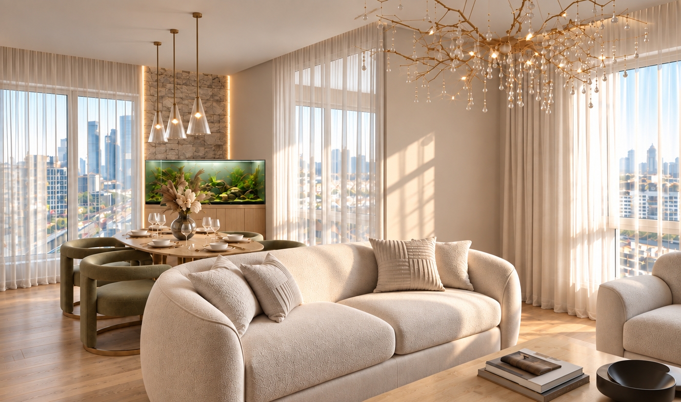 An incredibly lifelike, richly detailed, photorealistic wide-angle shot of a contemporary luxury living room set in a high-rise urban penthouse. The scene is illuminated by the soft, golden glow of the late afternoon sun filtering through sheer curtains, creating a serene and sophisticated atmosphere. Captured with a 35mm lens, emphasizing the crisp textures of the light oak wood flooring and the tactile richness of the cream bouclé sofa.

The design features a seamless, airy aesthetic, with the plush area rug removed to highlight the clean, polished light oak floorboards that extend throughout the space. The ceiling has been cleared of perimeter cove lighting, shifting the focus to the architectural drama of the stone feature wall, which is now framed by elegant, vertical LED strips on either side that accentuate its rugged, stacked texture. The dining area remains a focal point, anchored by an oval table of light oak and rounded olive-toned chairs, perfectly complemented by the glowing, vibrant aquarium integrated into the masonry. The magnificent branch-like chandelier casts delicate shadows across the room, while the expansive floor-to-ceiling windows provide a breathtaking, panoramic view of the sun-drenched city skyline, cementing the sense of quiet, contemporary elegance.