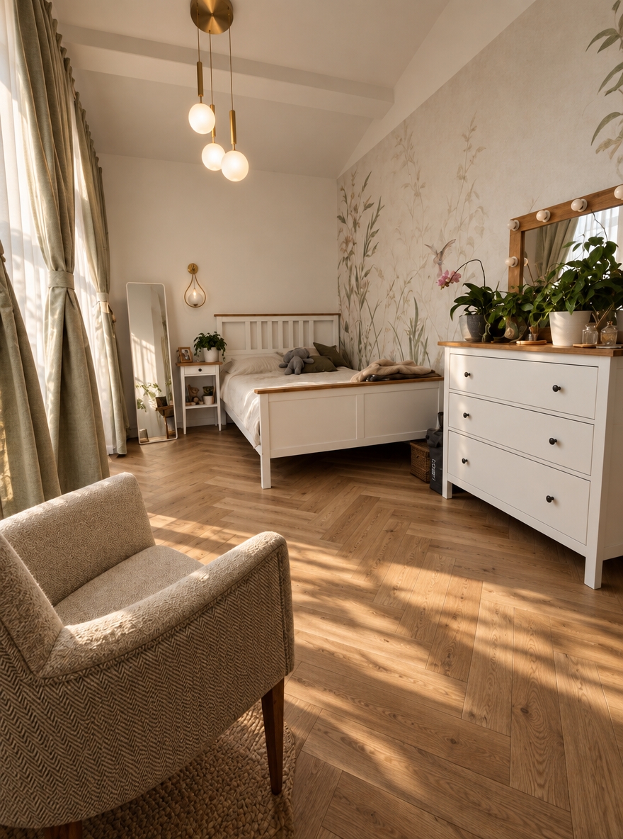An incredibly lifelike, richly detailed, photorealistic wide-angle interior photograph of an elevated Japandi-Scandinavian bedroom sanctuary set in an airy, high-ceilinged European apartment. The scene is illuminated by gentle morning sunlight diffusing through billowing, floor-to-ceiling oatmeal linen drapery and the soft, amber glow of asymmetric brushed-brass globe pendants, creating a serene, warm, and sophisticated atmosphere. Captured with a 24mm architectural lens, emphasizing the deep tactile grain of French white-oak herringbone parquet, the nubby texture of an ivory bouclé accent armchair, and the delicate plaster finish of a bespoke, muted botanical wall mural. The room features a custom low-profile solid oak platform bed dressed in relaxed layers of washed sage and cream linen, paired with a minimalist fluted dresser crowned with a polished arched mirror and vibrant potted ficus plants, blending natural materials, understated luxury, and functional elegance into a harmonious retreat.