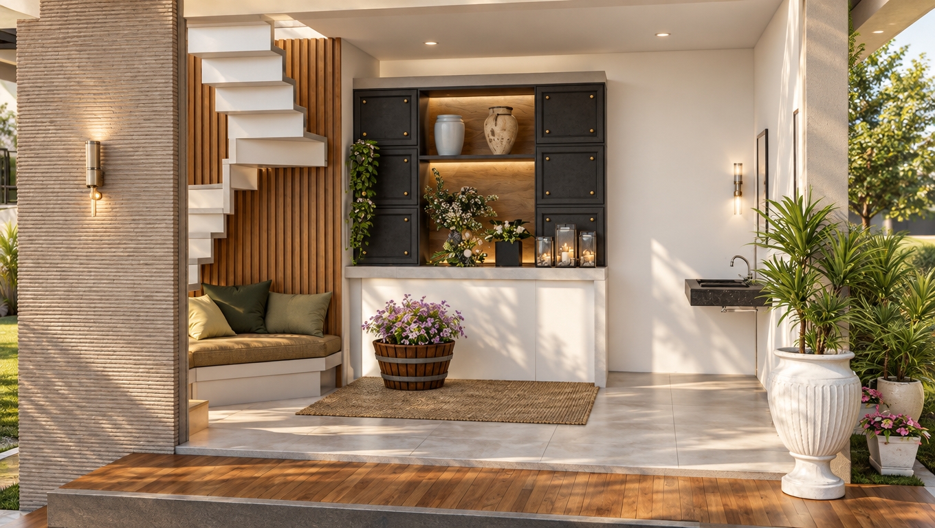 The photo captures a serene and meticulously designed space, reminiscent of a modern hotel lobby transformed into a minimalist haven. Natural light bathes the entire scene, entering through an expansive opening on the right that offers a glimpse of a vibrant green lawn and lush potted plants, blurring the lines between indoor and outdoor. The floor transitions from a warm wooden platform in the immediate foreground to crisp, light-colored square tiles in the main area, occasionally softened by a muted gray rug. On the left, a textured, muted wood-paneled wall rises, juxtaposed with a striking vertically-ribbed orange accent wall that serves as the backdrop for a sleek, white floating staircase. Tucked beneath the stairs, a cozy built-in bench with soft olive and lime green cushions invites quiet contemplation. The central feature is a clean white console unit topped with a series of dark gray display niches accented with brass details and light wood backing, showcasing elegant decorative urns and delicate floral arrangements. To its right, a minimalist dark gray stone sink with a slender faucet is seamlessly integrated into a white counter, both illuminated by a slender, golden wall sconce. The atmosphere is one of peaceful tranquility, enhanced by the thoughtful placement of various plants, including a wooden barrel planter brimming with purple flowers and tall, graceful palm-like plants in classical white urns, all contributing to a calm and refined aesthetic that speaks of understated luxury and a harmonious connection with nature.