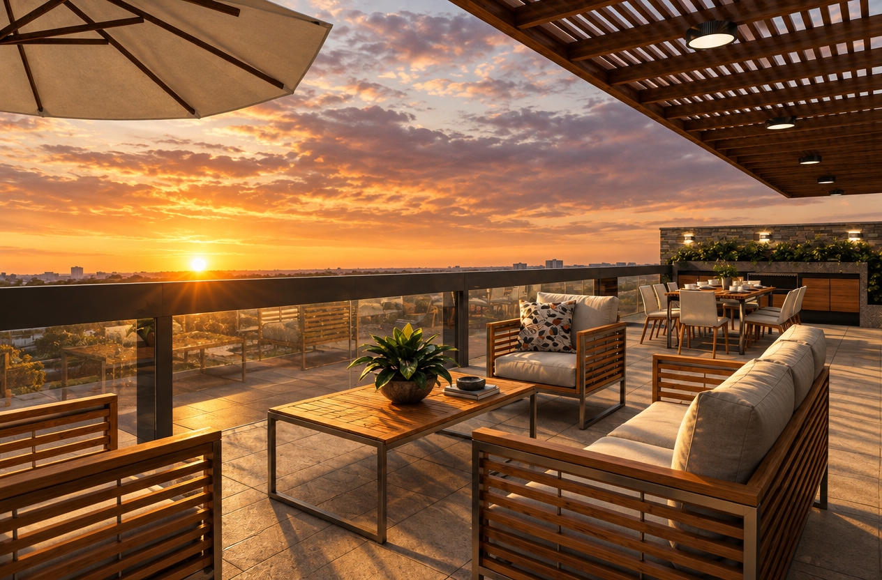 A crisp photograph of the modern rooftop terrace bathed in warm, low-angled spring sunset light. Natural golden-hour illumination casts long, soft shadows across the stone floor tiles and through the wooden pergola and slatted furniture, highlighting authentic wood grain, tactile cushion fabrics, and faint smudges on the glass railing. The sunset sky shows realistic, gentle gradients of amber and soft violet that cast a subtle ambient glow over the entire patio. Captured with a professional wide-angle lens, featuring sharp architectural focus, rich dynamic range, natural film grain, and subtle vignetting along the edges.