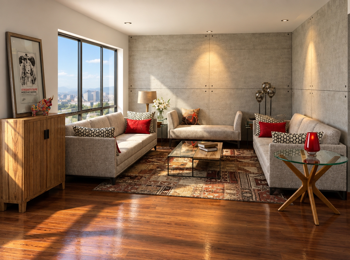 A crisp, eye-level architectural photograph captured on a 35mm lens, illuminated by vibrant, natural midday spring sunlight pouring through the window and blending with the warm cone beams of the ceiling spotlights along the concrete accent wall. The scene exhibits authentic physical textures, featuring subtle grain on the wooden floors, tactile weave across the neutral sofa upholstery, realistic reflections and faint dust on the glass surfaces, and rich fiber depth in the patterned rug. Natural exposure preserves balanced highlights and soft ambient shadows, finished with faint optical vignetting and clean full-frame clarity.