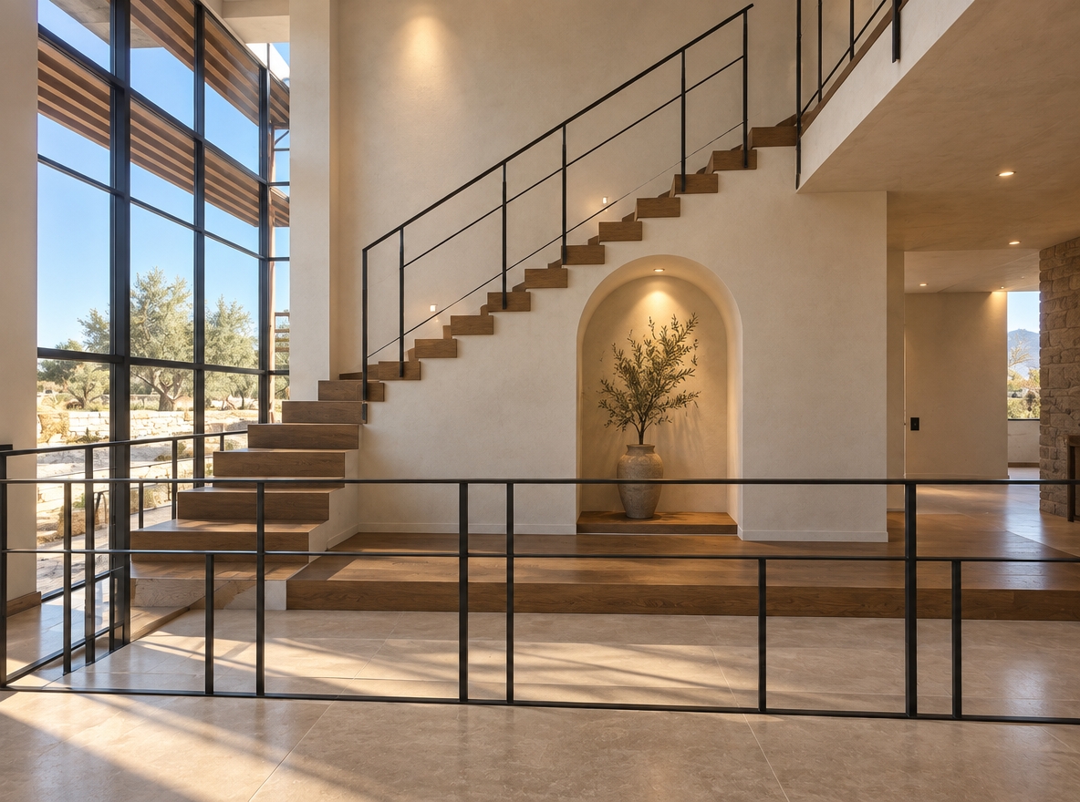 An architectural interior photograph capturing the completed space with identical framing and perspective. The concrete staircase is finished with rich, dark oak wood treads and slim black iron balusters, while the rough recess beneath is transformed into a smooth-plastered arched alcove. Surrounding walls are clad in warm off-white plaster, illuminated by soft recessed spotlights and balanced daylight streaming through the left opening. Shot with a wide-angle tilt-shift lens, the scene features authentic surface textures, refined timber grain, gentle shadow gradients, and subtle lens vignetting.