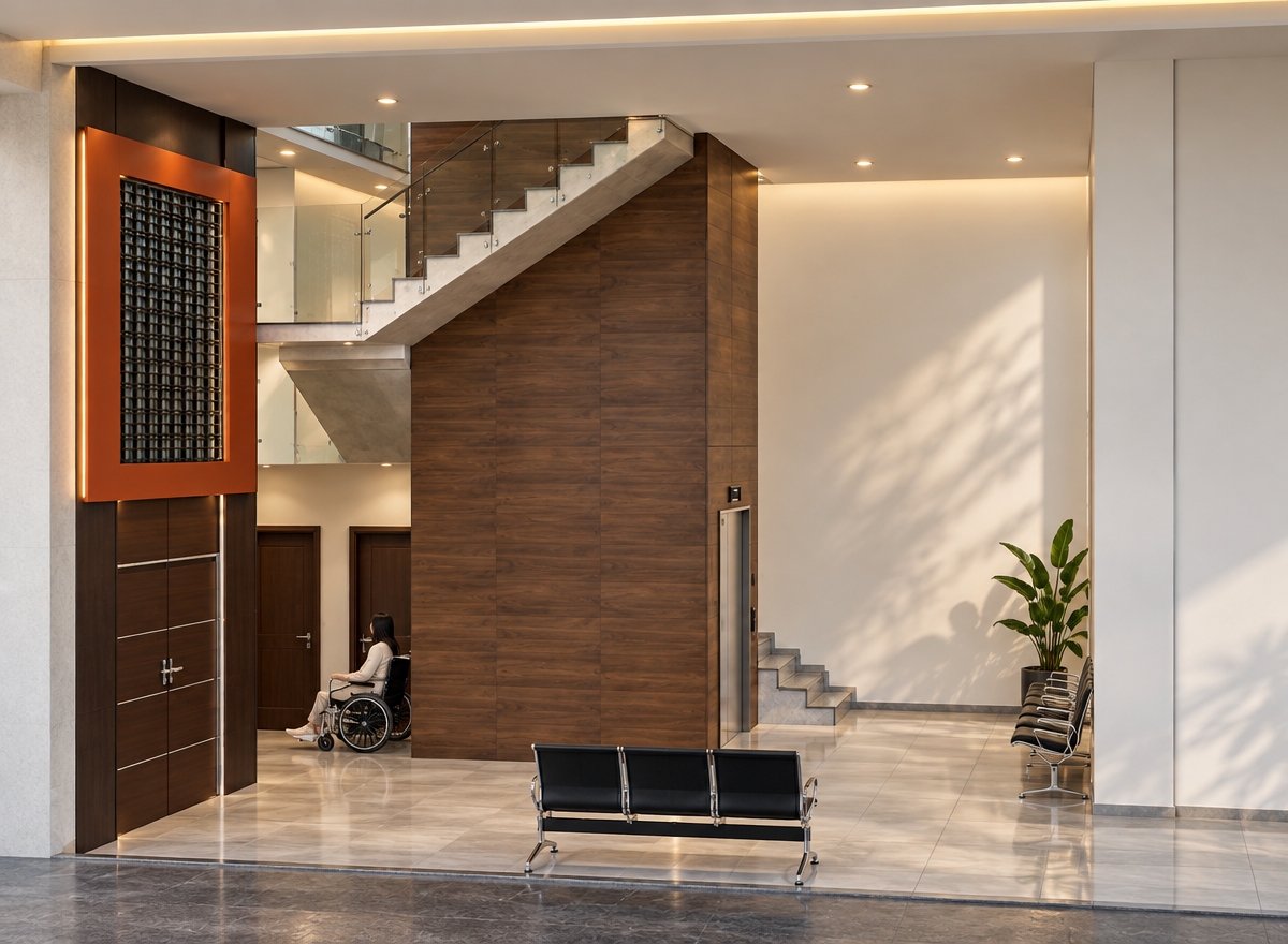 The photo reveals a stunning, minimalist haven designed as a contemporary hotel lobby, characterized by its pristine lines and a sophisticated interplay of materials. A commanding, multi-story column clad in rich, horizontally-grained timber panels serves as the central architectural anchor, seamlessly integrating both a sleek elevator with metallic doors and a striking, open-riser staircase with light gray treads that ascends dynamically along its side. To the left, a bold design statement is made by a large, rectangular feature panel framed in a vibrant orange hue, filled with a precise grid pattern, possibly composed of glass blocks or a finely detailed screen, set against a darker brown wall section. Below this, dark brown double doors with subtle silver handles provide access, hinting at various functional areas within the building. The expansive floor is laid with large, light-toned square tiles, reflecting the abundant, diffused light that fills the space and creates an immediate sense of openness and tranquility. In the foreground, a series of minimalist black benches offers inviting seating, perfectly complementing the modern aesthetic, while further into the space on the right, another set of benches is softened by the presence of a tall, lush green plant in a simple white pot, introducing a vital organic element. A figure in a wheelchair near the dark doors subtly emphasizes the space's thoughtful accessibility, underscoring the practical functionality within this elegantly designed, bright, and welcoming hotel lobby. The overall composition creates a harmonious balance between strong architectural forms and serene open spaces, embodying a sense of quiet luxury and modern efficiency.