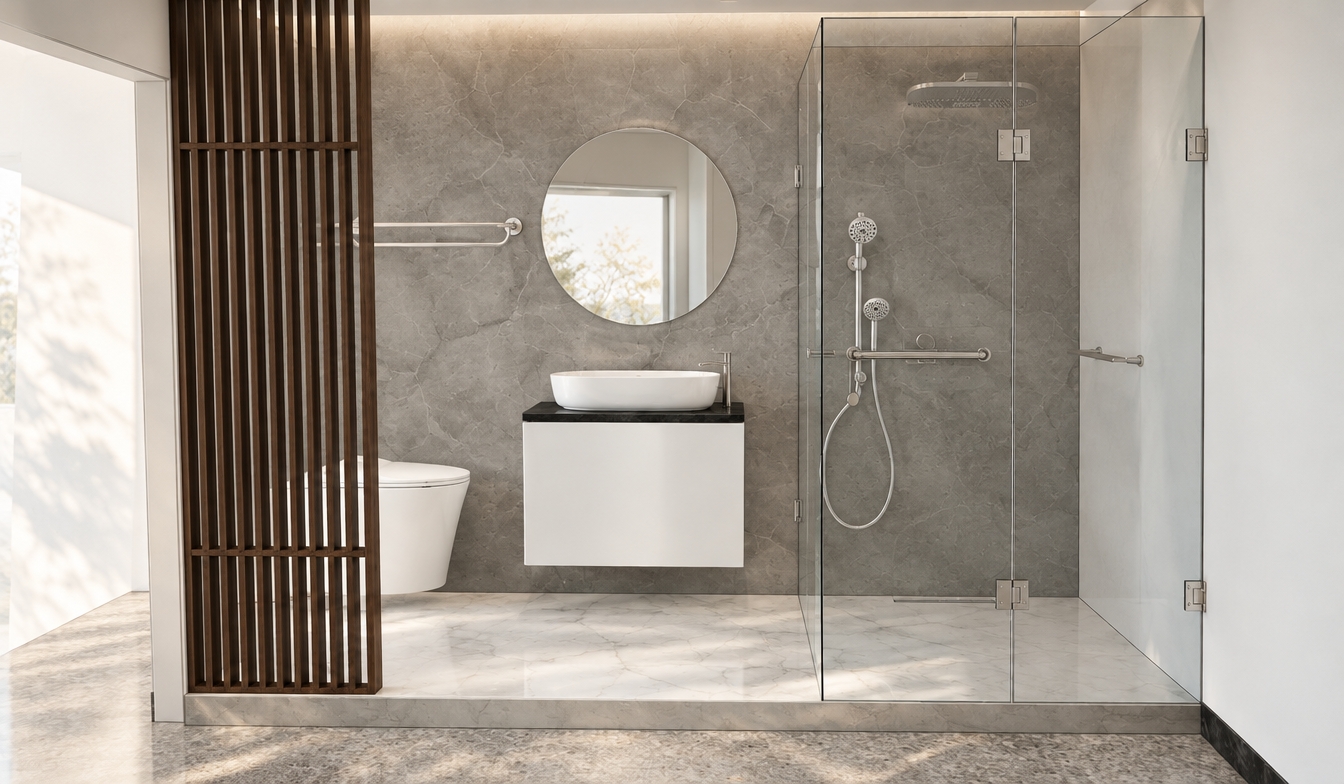 An incredibly lifelike, richly detailed, photorealistic eye-level interior shot of a minimalist bathroom sanctuary set in a sun-drenched, tranquil home. The scene is illuminated by soft, diffused midday light filtering through an adjacent space, creating a serene and zen-like atmosphere with crisp, clean shadows. Captured with a 35mm lens, emphasizing the tactile contrast between the organic, crackled grey stone wall cladding and the sleek, polished surfaces of the Kohler fixtures. 

The composition is anchored by a sophisticated Kohler vessel sink resting atop a minimalist floating vanity, centered against a large, circular frameless mirror that reflects the gentle autumn light. To the right, the seamless glass enclosure of the Kohler shower system reveals high-end brushed chrome hardware, while to the left, a dark timber-slatted privacy screen adds a warm, vertical rhythm to the space. The floor features a luxurious, large-format marble tile that flows seamlessly into the shower area, grounding the airy design. Every element, from the slender wall-mounted towel rail to the sculptural silhouette of the toilet, adheres to a refined Kohler aesthetic, resulting in a cohesive, ultra-modern haven that perfectly balances natural texture with contemporary architectural precision.