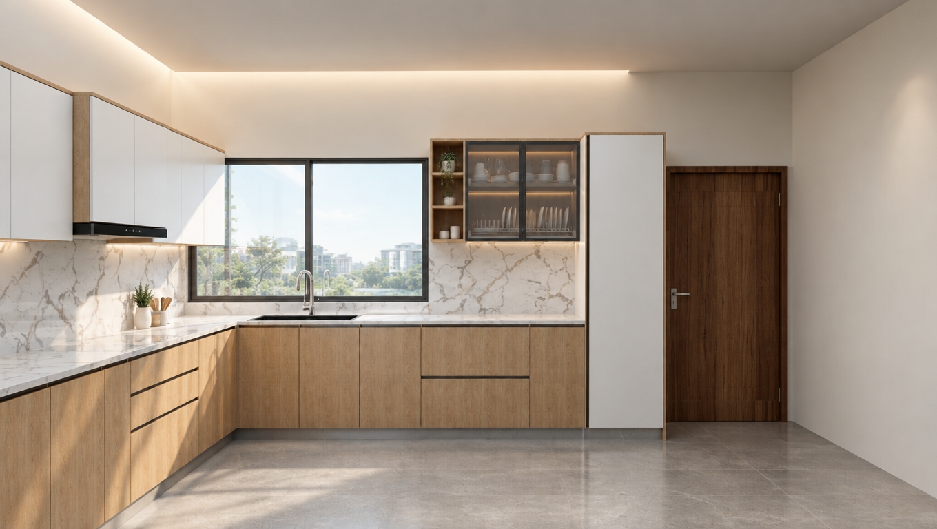 An incredibly lifelike, richly detailed, photorealistic interior shot of a minimalist kitchen sanctuary set in a contemporary home. The scene is illuminated by soft, natural daylight washing down from a recessed ceiling cove, creating a serene and zen-inspired atmosphere. Captured with a 35mm wide-angle lens, the composition emphasizes the clean lines of the white cabinetry paired with warm, natural wood grain base units and a stunning Calacatta marble backsplash. The focus rests on the clutter-free countertops, where a sleek black undermount sink and polished chrome faucet stand as refined accents against the light gray stone-tiled floor. A dark wood door adds a grounding, organic touch to the right, while the minimalist shelving—featuring glass-paneled doors—perfectly balances function with elegance. The perspective is perfectly centered, showcasing a space that feels both highly curated and deeply tranquil, with the subtle interplay of light and shadow defining the sophisticated, monochromatic material palette.