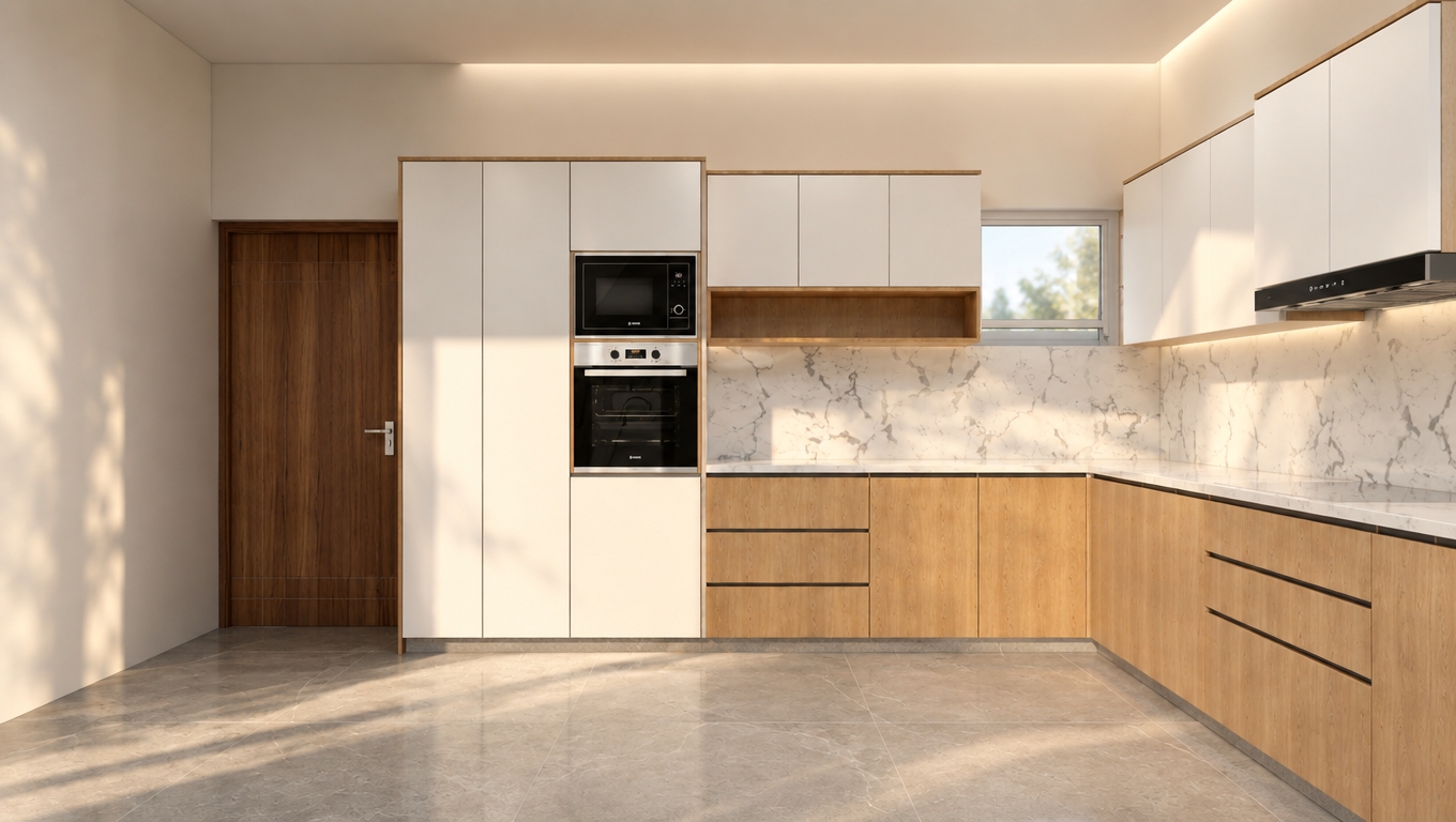 An incredibly lifelike, richly detailed, photorealistic interior shot of a minimalist kitchen haven set in a contemporary home. The scene is illuminated by soft, golden-hour sunlight streaming through a side window, creating a serene, Zen-inspired atmosphere. Captured with a 35mm wide-angle lens, emphasizing the crisp contrast between the warm, tactile wood-grain base cabinetry and the sleek, matte white upper units. The surfaces are entirely clutter-free, showcasing a stunning white marble backsplash with elegant gray veining that glows under the morning light. The design is profoundly streamlined and functional, featuring integrated appliances, hidden handle pulls, and a seamless transition to a rich, walnut-toned door that adds a grounding element to the airy, monochromatic palette. The cool gray stone-tiled floor anchors the space, while the composition focuses on the geometric balance and architectural harmony of the cabinetry, evoking the polished, minimalist aesthetic found in a high-end interior design photography book.