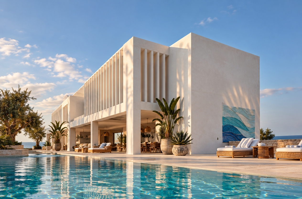 An incredibly lifelike, richly detailed, photorealistic wide-angle architectural photo of a coastal resort reimagination set in a sun-drenched Mediterranean landscape. The scene is illuminated by the soft, golden light of late afternoon, creating an airy, fresh, and inviting atmosphere. Captured with a Phase One XF camera, 35mm lens, emphasizing the crisp, clean textures of the white plaster facade against the deep, rhythmic shadows of the louvered elements.

The original rigid, institutional structure has been transformed into a relaxed, nautical-inspired sanctuary. The ground floor, previously a sheltered walkway, now opens entirely to a sprawling outdoor pool area that reflects the building’s clean lines. The water is a brilliant, shimmering turquoise, contrasting beautifully with the sandy, neutral-toned limestone decking that surrounds it. Lush potted plants—giant Bird of Paradise and structural agave—are strategically placed to soften the architectural corners, swaying slightly in a gentle coastal breeze.

The facade retains its rhythmic vertical fins, which now cast dramatic, long shadows across the pool deck, mimicking the light patterns filtered through palms. The open-air corridors are furnished with high-end, casual outdoor living pieces: hand-woven wicker loungers with plush white cushions and weathered teak side tables. Uncluttered, minimalist surfaces emphasize the transition between the stark white building and the vibrant blue sky. 

In the background, a subtle seascape wall art installation is integrated into the side wall of the structure, featuring abstract textures in shades of cerulean, navy, and seafoam green. The composition balances the immense scale of the building with human-centric, intimate zones. The overall aesthetic feels like a high-end travel photography book, capturing the essence of a serene beachside retreat where modern architectural precision meets the relaxed, casual luxury of coastal living.