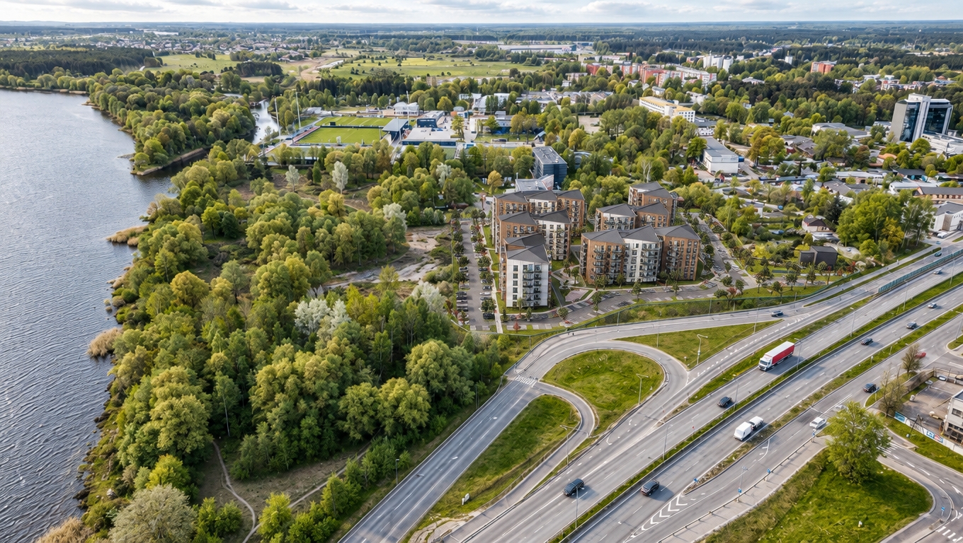 A crisp, high-angle aerial drone photograph capturing the exact scene and layout, integrating the modern apartment complex seamlessly into the existing landscape. The multi-story buildings feature realistic light-gray concrete architectural panels and warm brick tile accents, fitted with large reflective glass windows and dark metal mullions. Several apartments show soft, warm interior illumination, while balconies feature scattered potted plants and distant residents. At ground level, parked cars, pedestrians, and neat landscaping of pines and ornamental grasses populate the pathways, matching the surrounding vibrant green foliage. The scene is bathed in natural daytime sunlight consistent with the hazy, partly-cloudy sky, producing soft directional shadows, realistic atmospheric perspective over the river and distant horizon, and sharp, natural drone-photography clarity.
