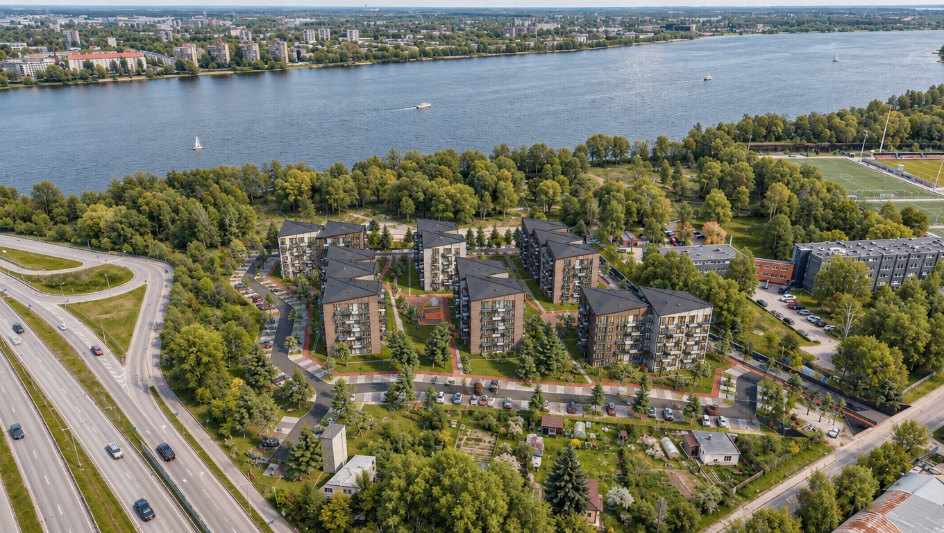 Aerial drone photograph capturing the complete architectural scene exactly as framed, seamlessly integrating the newly developed residential complex into the surrounding landscape, river, and infrastructure. The multi-story modern buildings feature tactile concrete panels and textured brick tile facades, complemented by dark window frames with realistic glass reflections. Glass balconies display subtle details of potted plants and occasional figures, while warm ambient light glows softly from select apartment interiors amidst the bright daylight. Ground-level paved pathways, red-accented trails, and parking areas are naturally populated with realistic parked cars, pedestrians, manicured lawns, and lush pine trees replacing the schematic greenery. Captured through a sharp wide-angle lens with natural daylight, subtle atmospheric depth over the water, authentic material textures, and mild lens vignetting for true photographic realism.