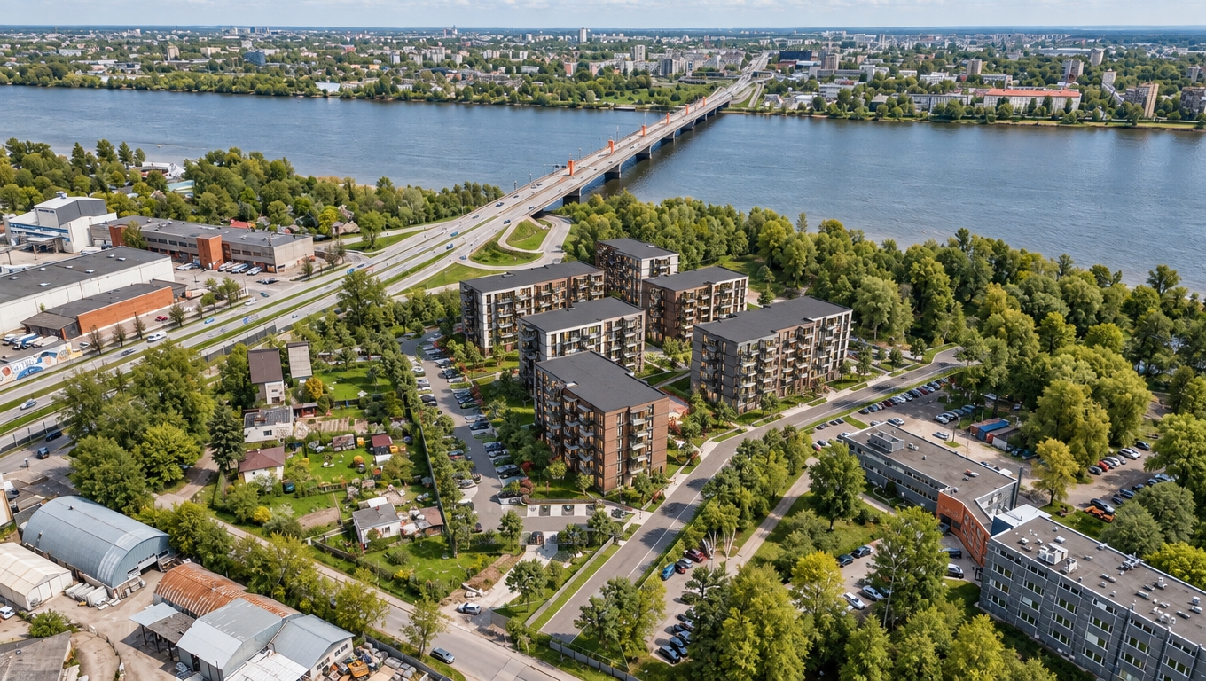 High-angle aerial drone photograph matching the exact composition, perspective, and daylight of the scene. The central residential complex is rendered with photorealistic concrete panels, textured brick tiles, and reflective dark-framed glass. Soft, warm interior lighting glows through select apartment windows, while balconies feature scattered flowering planters and occasional residents. Paved roadways and parking bays are filled with realistic parked cars and walking pedestrians, while the schematic foliage is realized as lush pine trees and organic groundcover. Crisp midday sunlight creates soft directional shadows across the facades, seamlessly embedding the complex into the surrounding riverfront cityscape with natural lens clarity and subtle atmospheric depth.