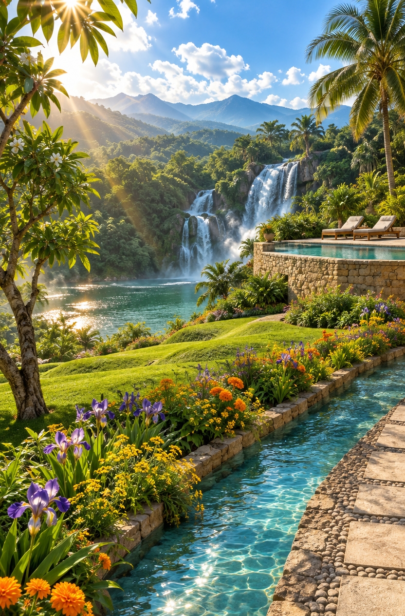 An incredibly lifelike, richly detailed, photorealistic wide-angle landscape photograph of an opulent terraced garden and outdoor patio set in a sun-drenched tropical mountain sanctuary. The scene is illuminated by brilliant spring sunlight with a radiant starburst flare casting warm crepuscular rays over rolling ridges, creating a serene, glamorous, and paradisiacal atmosphere. Captured with a professional medium-format camera and a crisp 24mm lens at f/8, emphasizing the tactile textures of velvet-soft manicured turf, crystalline running water, and chiseled natural stone masonry.

In the foreground, an elegant garden walkway gently curves along the right edge, paved with textured light-stone cobbles interspersed with smooth, wide rectangular stepping slabs. Beside it runs a vibrant, crystal-clear turquoise canal, its waters shimmering under the direct sun. Bursting along the water's edge are dense, blooming spring flower beds showcasing a kaleidoscope of lavender irises, fiery orange marigolds, and delicate yellow wildflowers. To the left, a solitary tropical tree with dense, star-shaped foliage and slender branches rises gracefully from the lawn.

The midground unfolds into stunning, sculpted contours of terraced emerald-green lawns that undulate gracefully toward a serene natural lagoon. On the upper right, an elevated outdoor stone patio features a sleek rectangular swimming pool embedded within stacked stone retaining walls, evoking the chic glamour of an exclusive hillside retreat. Two modern lounge chairs rest atop the sun terrace under the shade of elegant palm fronds, looking out across the landscape.

In the background, a breathtaking multi-tiered natural waterfall pours sheets of frothing white water over rugged, jungle-covered rock faces into the expansive pool below. Rolling green hills in the distance catch the golden glare of the sun, while soft blue, mist-shrouded mountain peaks recede into the horizon beneath a bright azure sky scattered with gentle, puffy clouds. The composition masterfully balances structured, artful landscaping with untamed tropical majesty.
