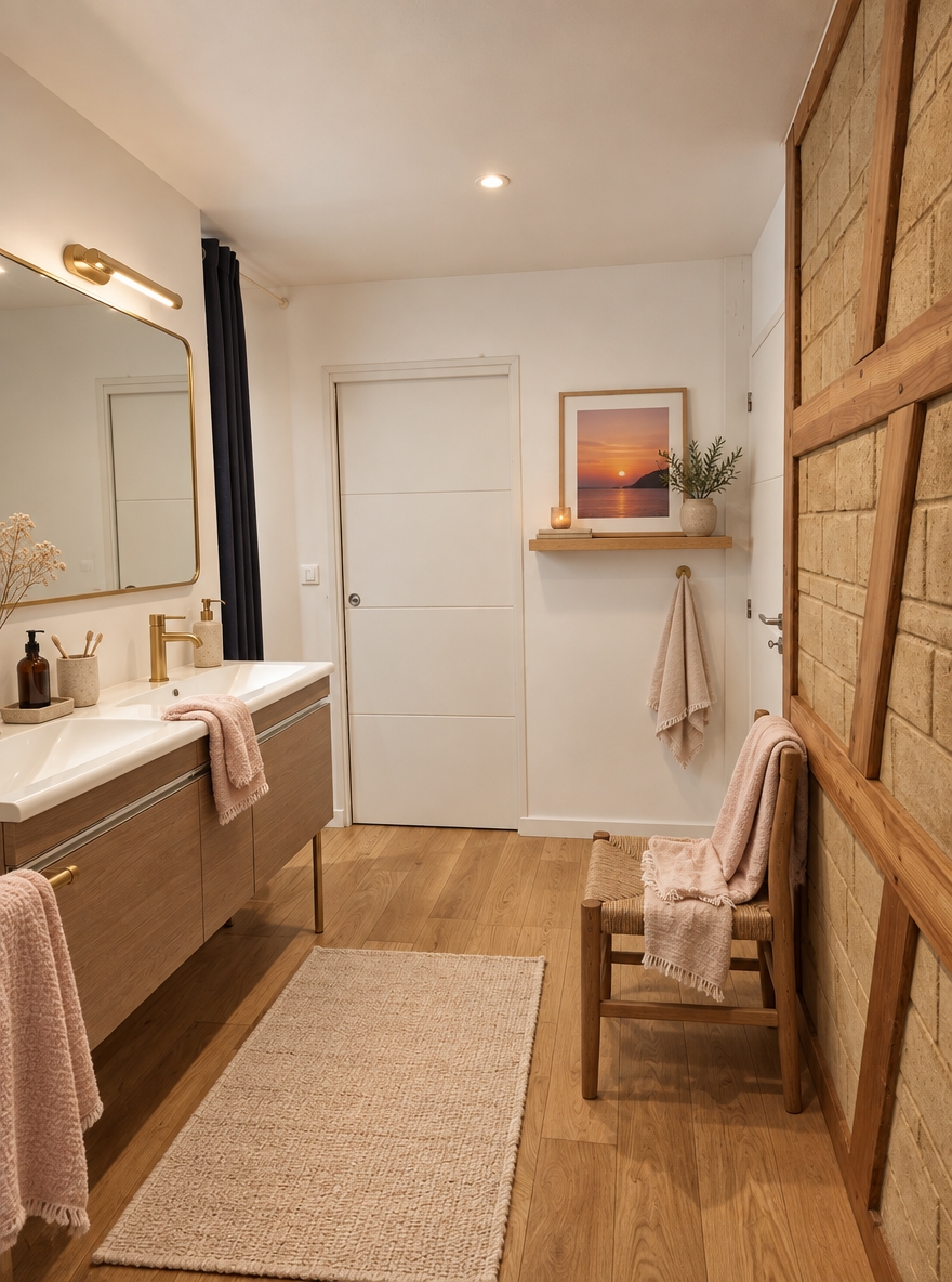 Garder les murs peints en blanc et le mur en brique de terre apparent tel quel, ainsi que le parquet bois au sol. Ne pas ajouter de couleur forte sur les murs. Installer une étagère ou une niche en bois clair (chêne ou bois naturel) sur le mur blanc pour y exposer un cadre encadré aux tons chauds (coucher de soleil orange/rose/violet), qui devient le seul point de couleur de la pièce. Remplacer la robinetterie et les accessoires (miroir, applique) par du laiton ou du bronze pour apporter une touche chaude et dorée en harmonie avec les tons du cadre. Ajouter des serviettes et/ou un tapis de bain en lin écru ou rose très pâle pour une transition douce entre le blanc et les couleurs du cadre. Garder l'ambiance globale claire, épurée et lumineuse, dans un esprit minéral et naturel.