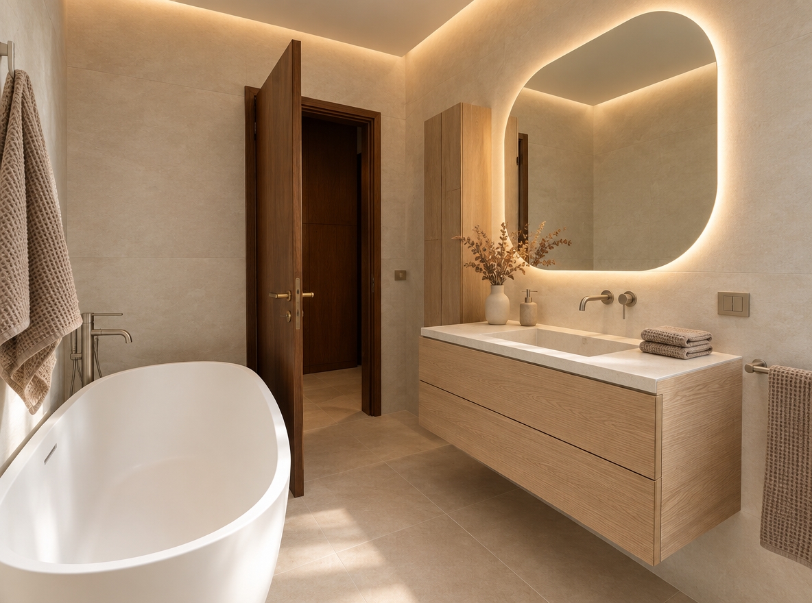 An incredibly lifelike, richly detailed, photorealistic wide-angle interior shot of a redesigned minimalist bathroom set in a serene contemporary home. The scene is illuminated by soft, diffused autumn midday daylight paired with warm 2700K concealed cove and backlit mirror lighting, creating a calming, spa-like atmosphere. Captured with a full-frame 24mm architectural tilt-shift lens at f/8, emphasizing the velvety matte textures of honed limestone, fluted natural oak, and seamless microcement finishes.

The space is completely elevated into an uncluttered sanctuary, replacing the busy retro tiles with large-format warm greige porcelain floor slabs and seamless off-white plastered walls. A sleek, matte-white freestanding oval soaking tub now anchors the bathing alcove, paired with an elegant floor-mounted brushed nickel filler. In place of the old pedestal sink stands a floating, minimalist vanity made of light rift-sawn oak with an integrated stone basin and wall-mounted brushed fixtures, capped by a large, frameless pill-shaped mirror with soft perimeter backlighting. Unnecessary knick-knacks and clutter are stripped away, leaving only refined essentials: folded waffle-weave linen towels in warm taupe and a single sculptural ceramic vase holding dried autumn stems, creating a perfectly balanced, modern haven of quiet luxury.