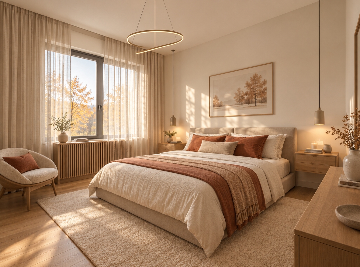 An incredibly lifelike, richly detailed, photorealistic wide-angle shot of a cozy modern bedroom set in a peaceful contemporary residence. The scene is illuminated by soft, golden midday autumn light filtering through floor-to-ceiling sheer oatmeal linen drapes and augmented by warm recessed architectural LEDs, creating an inviting, tranquil minimalist atmosphere. Captured with a full-frame 24mm architectural lens, emphasizing wide-plank white oak wood flooring, tactile woven fabrics, and clean, uncluttered surfaces. 

In this reimagined minimalist haven, the dated patterned tiles are replaced with seamless, warm-toned natural wood floorboards centered with a plush, cream-toned wool rug. The heavy carved furnishings give way to a sleek low-profile platform bed dressed in layers of crisp ivory and muted terracotta linen bedding, flanked by matching floating oak nightstands with integrated warm-glow minimalist pendants. The bulky radiator is concealed behind a custom slatted wood cover, and the ornate chandelier is replaced by a sculptural, slender modern fixture that complements the high ceilings. Crisp, matte off-white walls are stripped of clutter, framed only by subtle autumn tree silhouettes seen through clean, expansive modern window panes, transforming the previously dense space into a serene, light-filled sanctuary balanced by natural textures and functional elegance.
