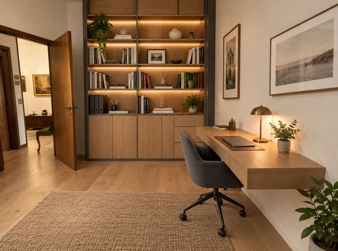 An incredibly lifelike, richly detailed, photorealistic wide-angle interior shot of a modern, minimalist home office and study room set in a peaceful contemporary residence. The scene is illuminated by gentle, diffused daylight pouring in alongside the warm, focused glow of an architectural brass task lamp and integrated warm-white shelf illumination, creating a serene, focused, and deeply inviting atmosphere. Captured with a 24mm architectural lens on a high-resolution camera, emphasizing the tactile grain of wide-plank natural white-oak flooring, smooth matte cabinetry, and textured linen accents. 

Transforming the cluttered layout, the patterned tiles give way to seamless, warm Scandinavian oak floors, establishing an airy and grounded foundation. Where the orange cabinet once stood, a bespoke, floor-to-ceiling modern library bookcase crafted from rift-sawn oak and matte charcoal steel frames now lines the wall, meticulously organized with curated art books, architectural monographs, concealed stationery drawers, and sculptural ceramic objects. A sleek, minimalist floating study desk paired with an ergonomic muted-charcoal chair anchors the workspace, uncluttered and refined with only a slim laptop and leather desk mat. With clean off-white limewash walls, sparse furnishings, and balanced proportions, this study is elevated into an impeccably tailored, modern sanctuary dedicated to clarity and quiet productivity.