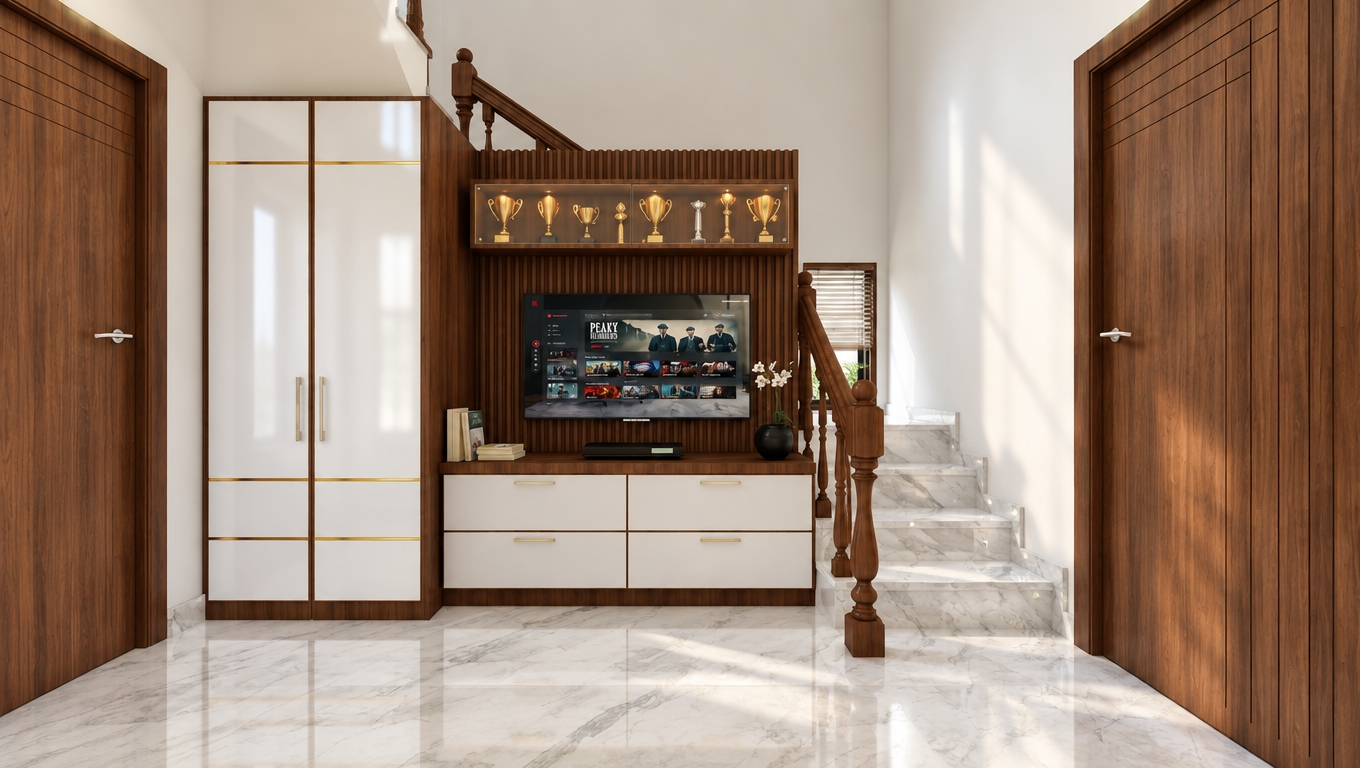 An incredibly lifelike, richly detailed, photorealistic interior eye-level shot of a modern living area set in a contemporary home. The scene is illuminated by soft, natural midday light filtering through nearby apertures, creating a bright, welcoming, and serene atmosphere. Captured with a 35mm wide-angle lens, the composition emphasizes the clean linear transitions between the polished white marble flooring and the warmth of the walnut-toned woodwork.

The design exudes a timeless, mid-century modern aesthetic, blending functional simplicity with sophisticated elegance. A striking floor-to-ceiling storage unit features crisp, high-gloss white cabinetry accented by thin, gleaming gold inlays, perfectly integrated into a vertical walnut-slat feature wall. Above the television, a glass-encased display cabinet showcases an elegant collection of trophies, casting subtle, warm reflections. The staircase, crafted from rich, dark-stained wood with traditional balusters, leads upward, contrasting beautifully against the cool-toned, veined marble steps. Every surface remains intentionally uncluttered, maintaining a sleek, organic flow. A small, minimalist vase with delicate white blooms sits beside the console, adding a touch of natural life to the space, while the overall palette of earthy walnut browns, crisp whites, and cool, muted accents creates a perfectly balanced, comfortable, and highly curated environment.