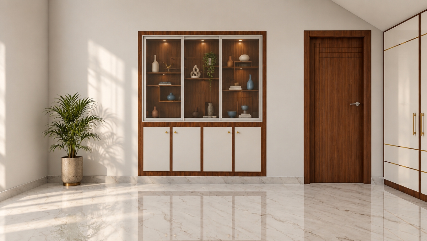 An incredibly lifelike, richly detailed, photorealistic eye-level interior shot of a serene living room set in a sophisticated mid-century modern residence. The scene is illuminated by soft, diffused midday light streaming in from an unseen source, creating a tranquil and airy atmosphere. Captured with a 35mm wide-angle lens, the composition emphasizes the clean lines of the custom walnut-framed cabinetry and the luxurious, high-gloss marble flooring that reflects the room with mirror-like clarity.

The space radiates a timeless, uncluttered elegance, featuring a bespoke display unit filled with minimalist pottery and abstract sculptures in muted blues and warm earth tones. Beside the rich teak-toned wooden door, a floor-to-ceiling wardrobe with sleek gold-inlay accents grounds the design. Every surface remains intentionally sparse, curated with a sense of functional simplicity that defines the era. A small indoor plant tucked near the cabinetry introduces an organic touch, while the neutral white walls allow the warm wood grain of the woodwork to serve as the room's central, iconic statement. The perspective offers a perfect balance of architectural structure and domestic warmth, evoking the feeling of a quiet afternoon in a thoughtfully designed, contemporary home.