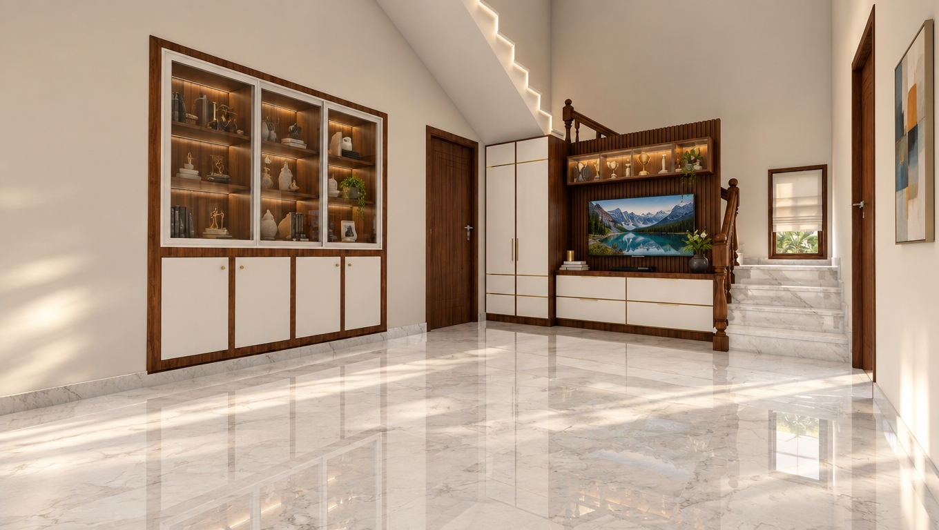 An incredibly lifelike, richly detailed, photorealistic interior shot of a sophisticated living room set in a contemporary home. The scene is illuminated by the soft, diffused glow of midday sunlight filtering through, creating a serene, timeless atmosphere. Captured with a 35mm wide-angle lens, emphasizing the crisp linear geometry and the luxurious high-gloss white marble flooring that mirrors the entire space. The design aesthetic masterfully blends Mid-Century Modern influences with a minimalist approach; a sleek floor-to-ceiling display cabinet with dark walnut framing provides an organic warmth, perfectly complemented by a functional media console featuring teak accents. 

The uncluttered surfaces are punctuated by carefully curated touches, including a small indoor plant that adds a breath of nature to the refined palette of earth tones. Above the media station, a bespoke glass-fronted shelf glows with ambient light, showcasing a small collection of gold-toned decor that captures the subtle oranges and muted blues present in the room's artful color scheme. To the right, the marble-clad staircase leads the eye upward, while a nearby wall is adorned with a piece of abstract wall art that ties the room's color story together. The composition feels expansive and airy, with the interplay of dark wood textures against the pristine, reflective white floor creating a visually striking, functional, and deeply comfortable living space.