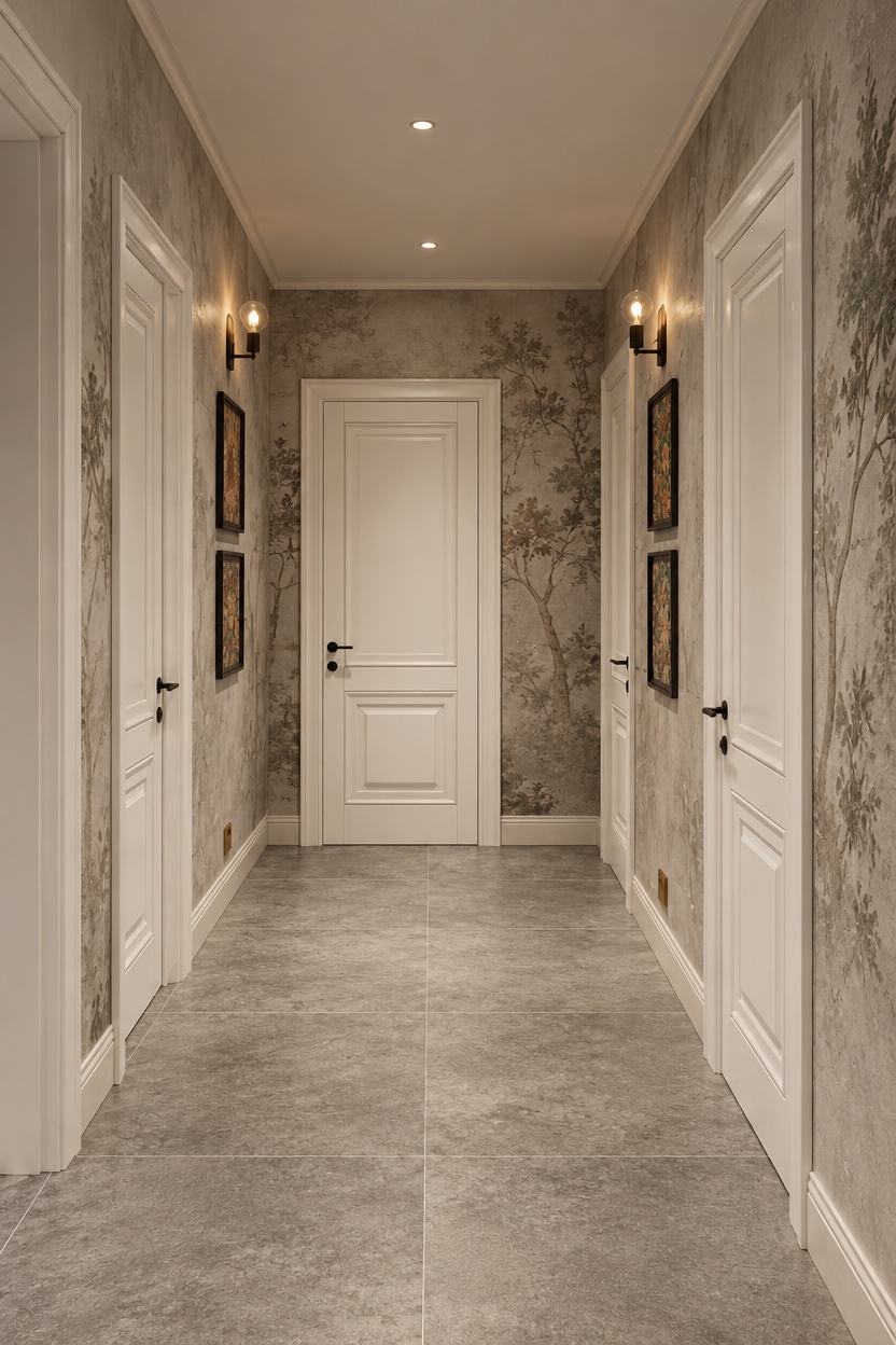A realistic eye-level architectural photograph maintaining the exact hallway layout, perspective, and doors, updated with seamless matte gray concrete-look porcelain floor tiles and subtle light-gray concrete decorative plaster across the walls, complemented by a delicate, integrated artistic wall fresco. The existing white paneled doors, black hardware, and wall sconces remain sharply defined under balanced, warm interior spotlighting. Natural photographic depth, soft falloff shadows, authentic micro-textures on the plaster and stone surfaces, and faint film grain produce an authentic, high-end interior photograph.