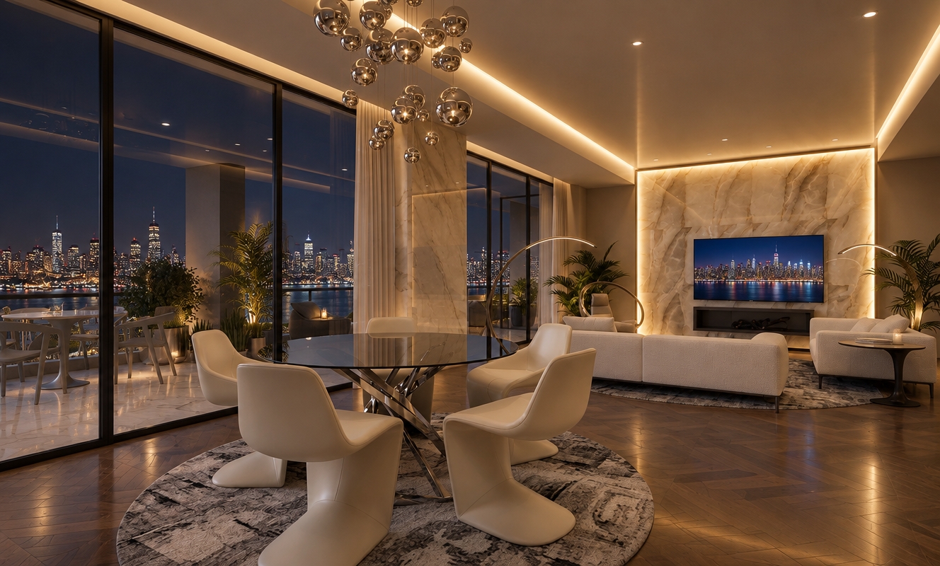 An incredibly lifelike, richly detailed, photorealistic interior shot of a minimalist luxury penthouse living room set in a sprawling urban metropolis at night. The scene is illuminated by the soft, golden glow of concealed cove lighting and the ambient flicker of a sleek television screen displaying a vibrant, cinematic panorama of the New York City skyline, creating a sophisticated and cozy nocturnal atmosphere. Captured with a wide-angle 24mm lens, emphasizing the sharp contrast between the rich, dark-toned herringbone parquet flooring and the pristine white marble tiles that transition seamlessly onto the expansive outdoor terrace. 

The room is a minimalist haven, featuring a dining area with sculptural, cream-colored chairs gathered around a reflective glass table, set atop a plush, abstract-patterned rug. A striking feature wall of polished, backlit onyx commands attention, casting a warm radiance across the room. Through the floor-to-ceiling glass walls, the night cityscape stretches toward the horizon, its pinpricks of light mirrored in the polished surfaces of the room's high-end finishes. The composition expertly balances the intimate indoor lounge area with the vast, dark expanse of the city beyond, creating a profound sense of depth and spatial grandeur.