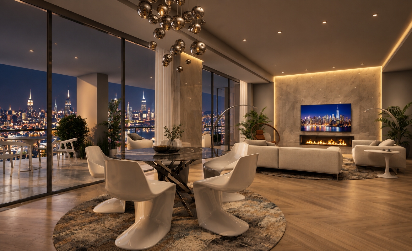 An incredibly lifelike, richly detailed, photorealistic interior shot of a sophisticated open-concept living area set in a high-rise urban environment. The scene is illuminated by the warm, flickering glow of the integrated fireplace and the vibrant, cinematic digital cityscape of New York displayed on the wall-mounted television, creating a serene and ultra-luxurious nocturnal atmosphere. Captured with a professional wide-angle lens, emphasizing the contrast between the plush, matte-finish ceiling, the rich, honey-toned parquet flooring, and the cool, refined tiles extending onto the private terrace.

In this minimalist haven, the space feels grounded by the deep textures of the circular area rugs, while the sleek, white sculptural dining chairs and curved lounge sofas offer a futuristic elegance. The night panorama of the city, visible through the floor-to-ceiling glass walls, bleeds into the interior, blurring the lines between the opulent living room and the glittering urban horizon. Every element—from the clusters of reflective spherical pendant lights to the gentle ambient lighting hidden within the marble-clad media wall—contributes to a feeling of intimate tranquility, where the quiet luxury of the interior meets the endless, bustling energy of the city lights outside.